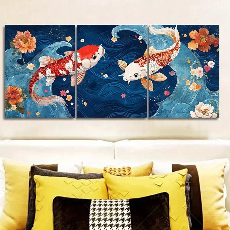 3pcs Red and White Koi Fish Metal Wall Art with Floral Design - Ready to Hang Home Decor for Living Room, Bedroom, or Office
