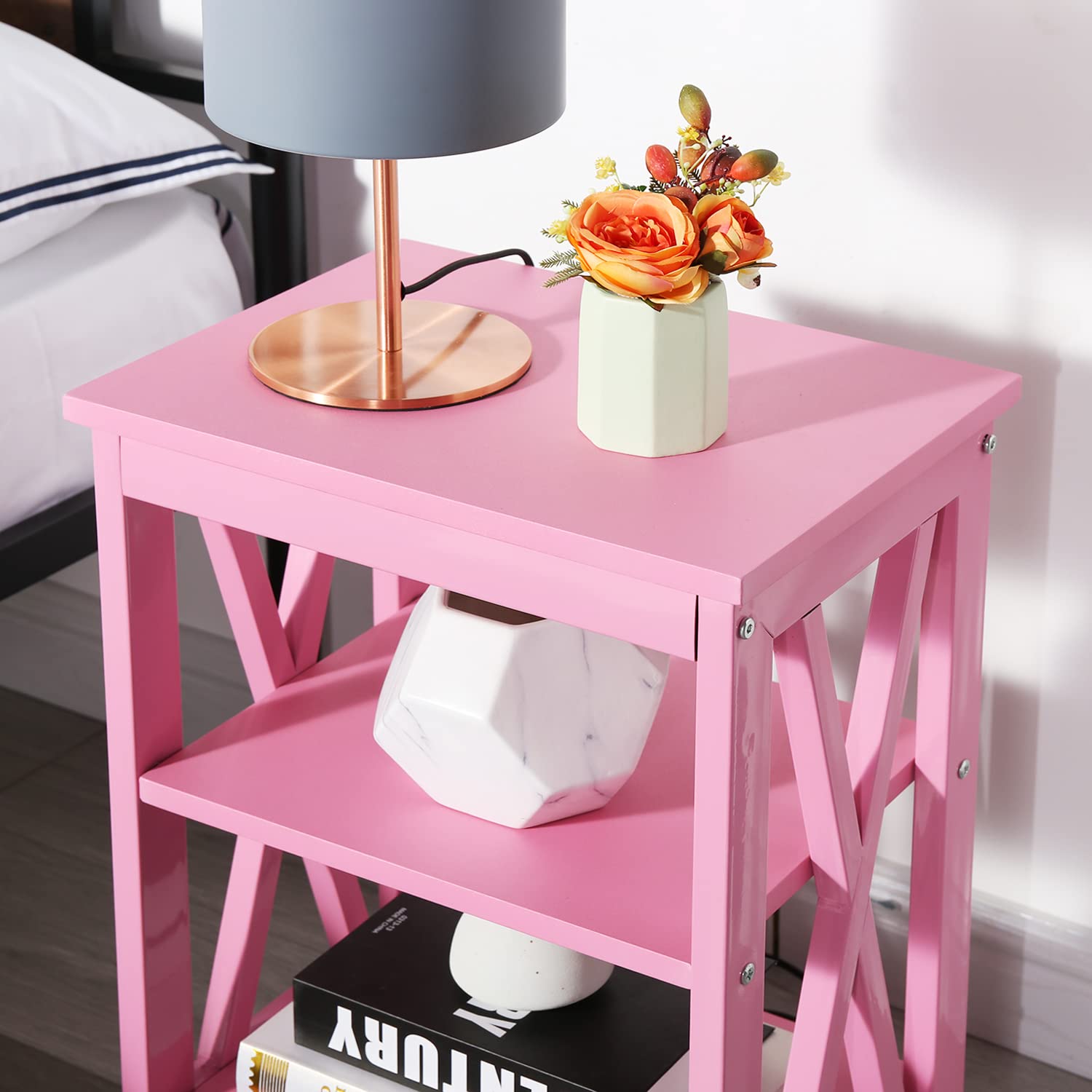 VECELO 2-Pack Pink End Side Table with Storage Shelf - Modern Nightstand for Bedroom, Living Room | Space-Saving Furniture with Shelves for Small Spaces, Apartments & Dorms