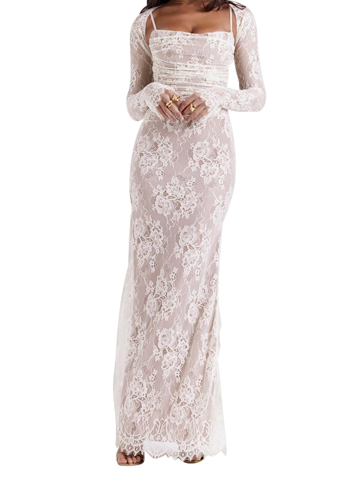 Vintage Cream Lace Maxi Dress for Women - Romantic Long Sleeve Bodycon Dress with Elegant Lace Details | Perfect for Weddings, Parties & Special Occasions