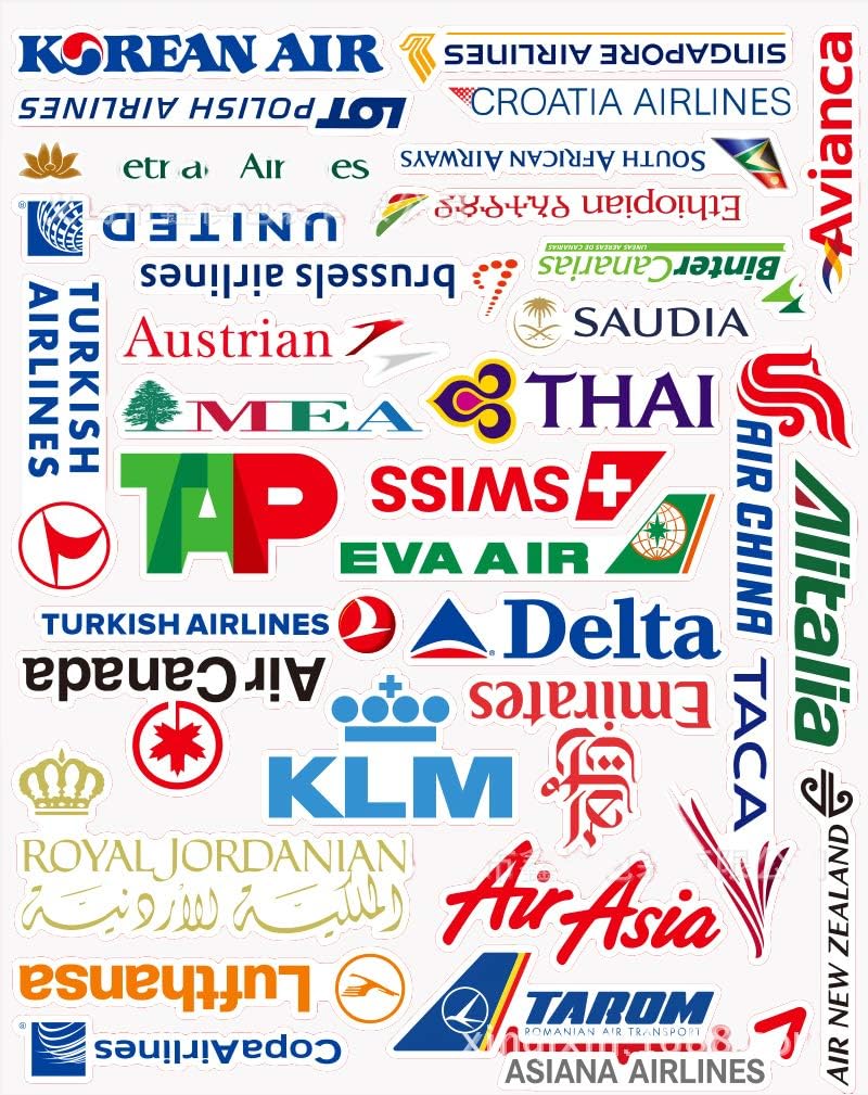 55 Pcs Airline Logo Stickers - Waterproof Vinyl Decals for Water Bottles, Laptops, Luggage, Cars & Bikes - Perfect for Travel Enthusiasts & Aviation Lovers (Great for DIY Projects, Scrapbooking & Personalizing Belongings)