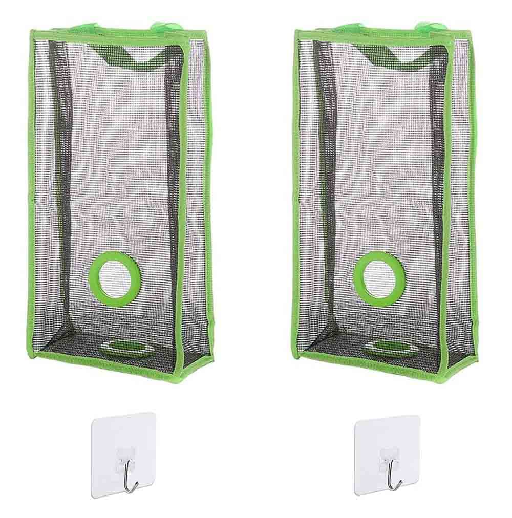 2 Pack Plastic Hanging Bag Holder with Seamless Hooks - Foldable Storage Mesh Trash Bag Dispenser Organizer for Kitchen, Bathroom & Grocery Bags - Space Saving Solution for Home Organization