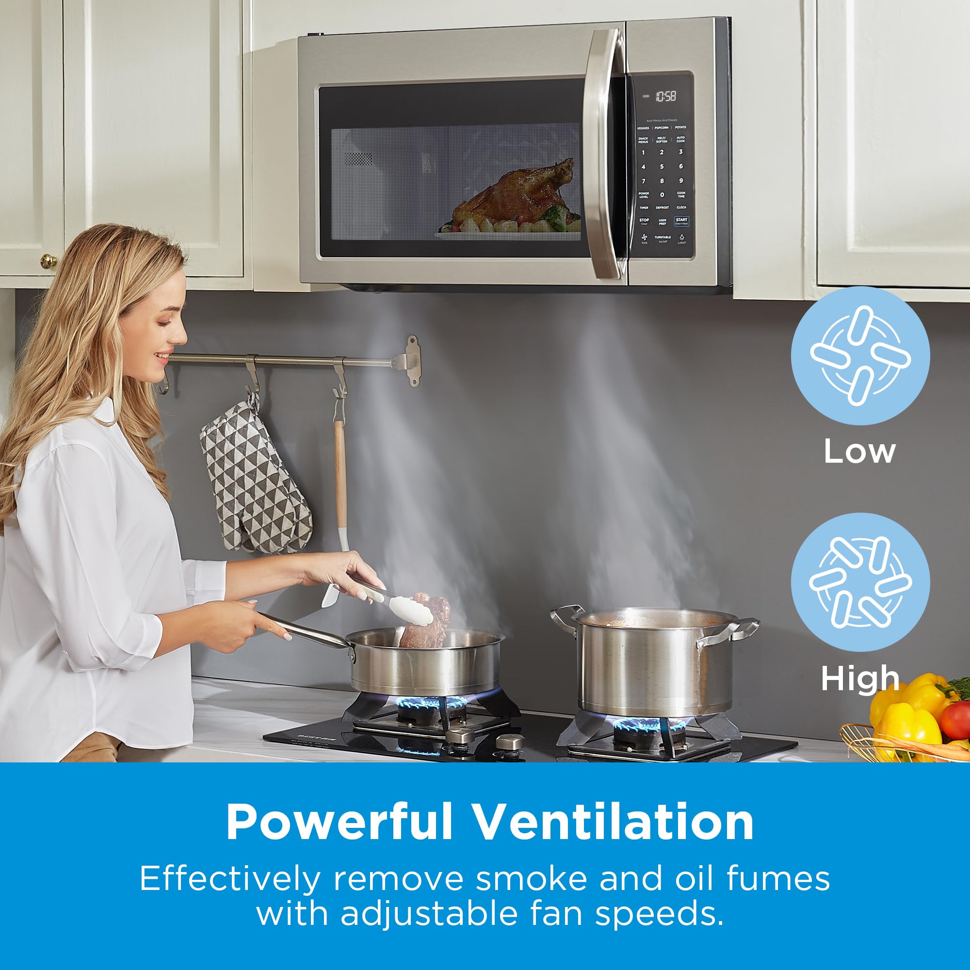Midea MOR17BSA-SS 1.7 Cu.ft Stainless Steel Over The Range Microwave Oven - Smart Touch Panel, 1000W Power, 300 CFM Ventilation, Auto Cooking Menu - Perfect for Kitchen Remodeling & Small Space Cooking