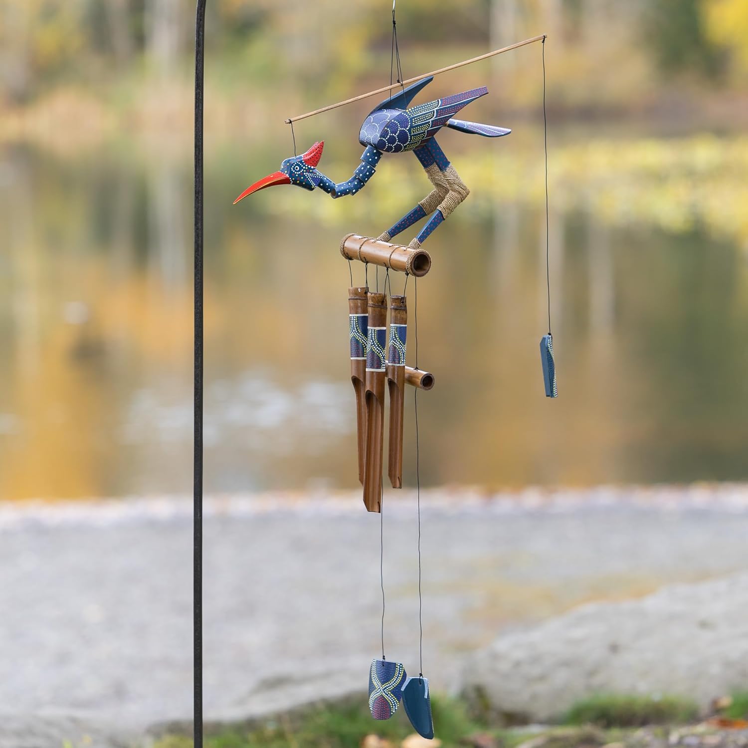 Hand Painted Purple Spotted Bamboo Wind Chime with Bobbing Head Bird - Cohasset Gifts 174P Passion Collection | Outdoor Garden Decor, Patio Ornament, Zen Relaxation Gift