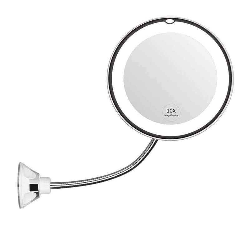 10X Magnifying LED Makeup Mirror with Flexible Gooseneck, 360° Swivel & Strong Suction Cup - Daylight, Cordless, Compact Travel Mirror for Bathroom Vanity, Dressing Table & On-the-Go Touchups