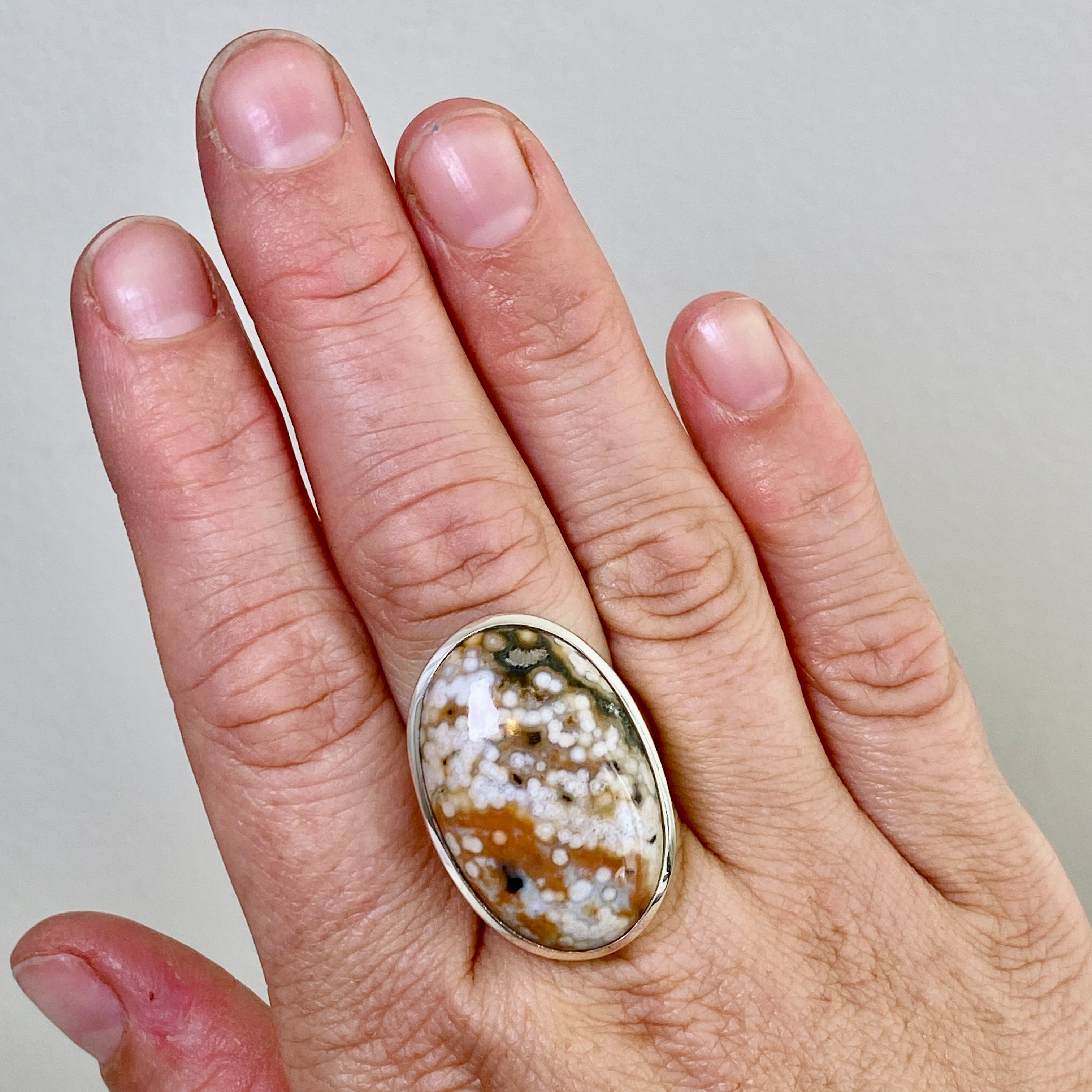 Ocean Jasper Oval Cabochon Ring - Size 8.5 - Natural Stone Jewelry - Handmade Silver Ring - Perfect for Boho Style & Spiritual Healing - Gift for Women & Crystal Lovers
