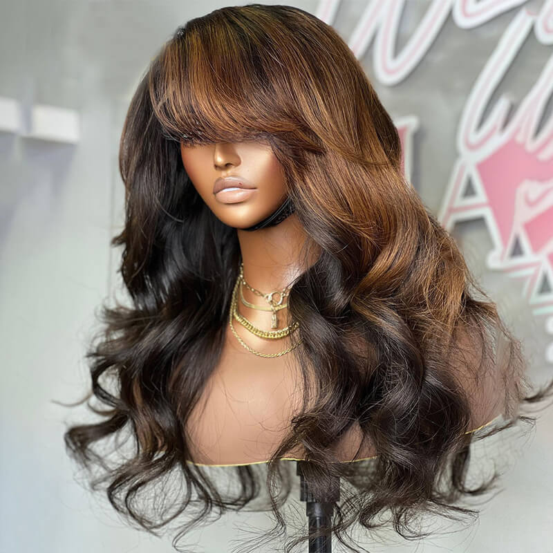 Eullair Pre-Styled Brown Highlights Wavy Layered Cut Human Hair Lace Front Wig - Easy Install for Everyday Wear & Special Occasions
