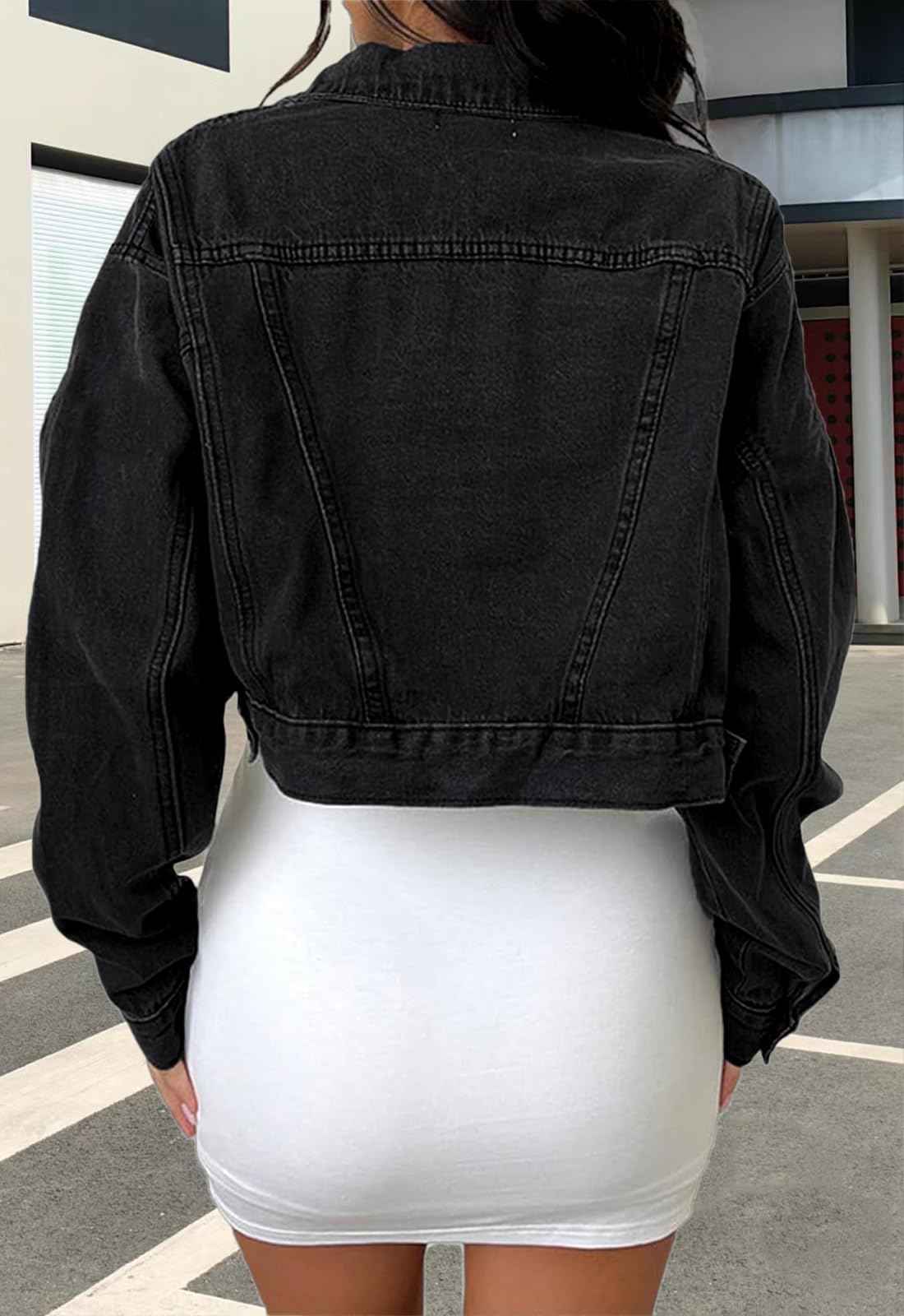 Women's Cropped Denim Jacket - Long Sleeve Casual Button Down Jean Jacket for Spring & Fall | Perfect for Streetwear, Date Night & Weekend Outfits