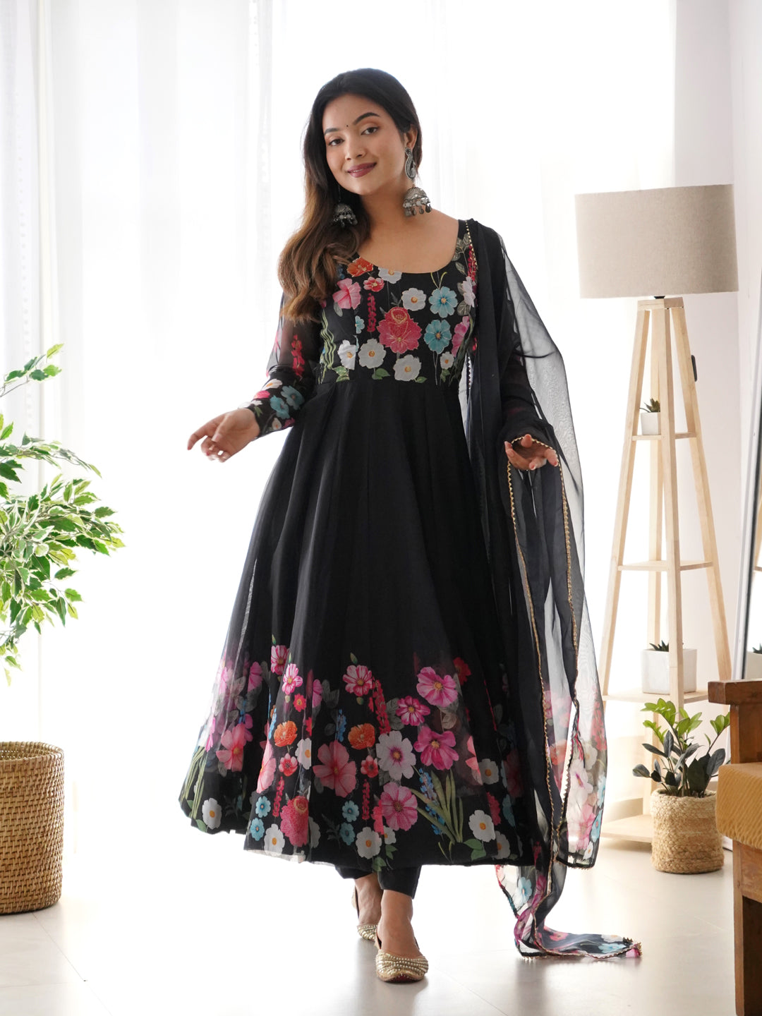 Black Designer Heavy Pure Soft Organza Silk Anarkali Dress With Hand Embroidery - Perfect for Weddings, Parties & Special Occasions