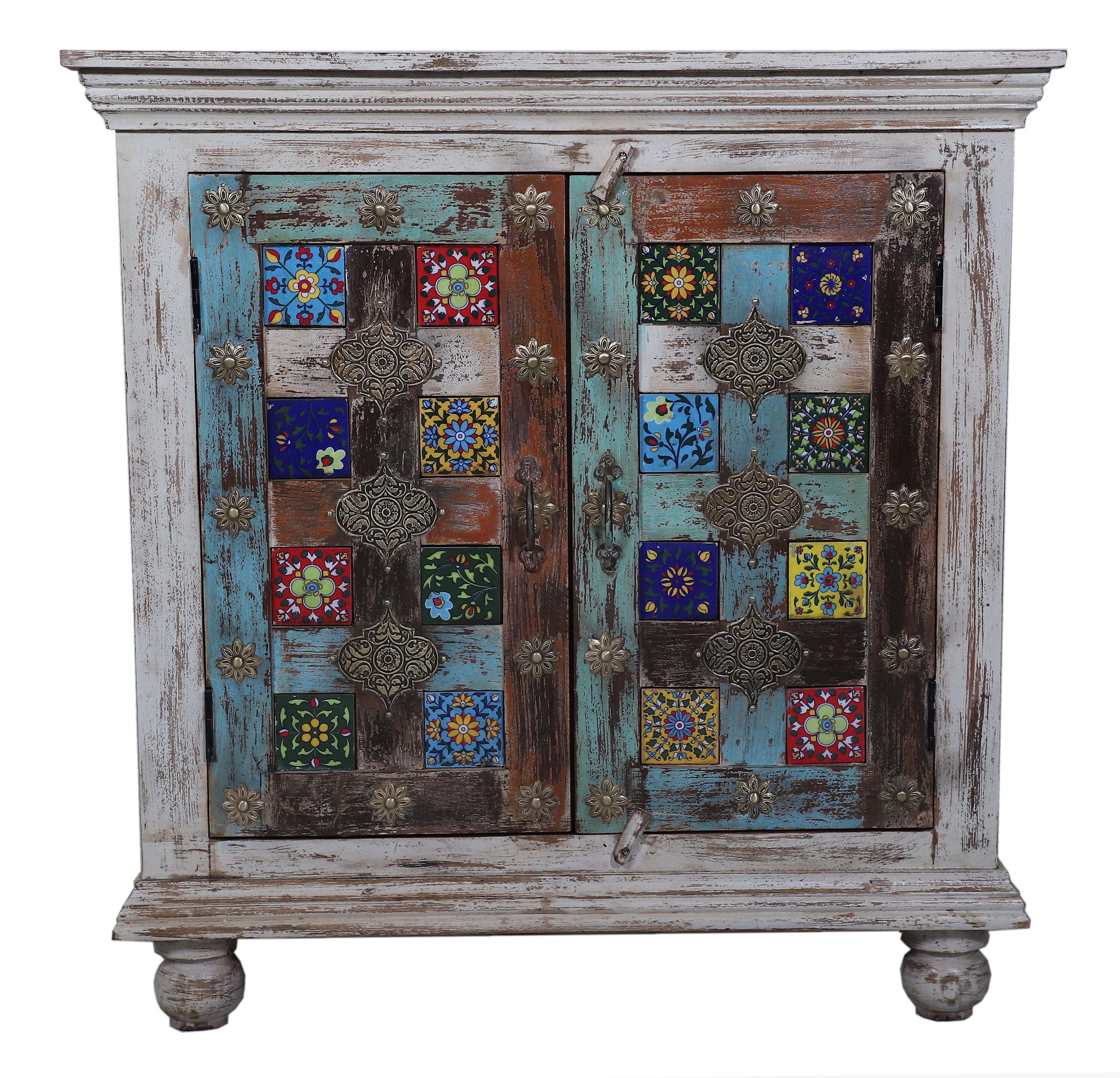 Handmade Mandy Carved Tile Cabinet - Rustic Wooden Storage with Intricate Designs for Kitchen, Bathroom & Living Room Organization