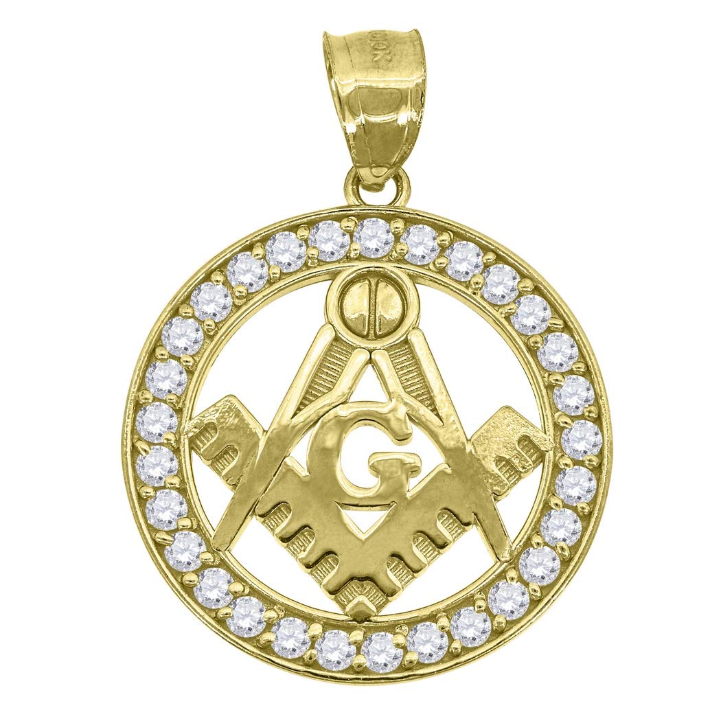 10K Gold CZ Cubic Zirconia Simulated Diamond Masonic Pendant Necklace for Men - 31.1mm Height x 22.8mm Width Religious Jewelry Gift - Perfect for Freemason Ceremonies, Special Occasions & Everyday Wear