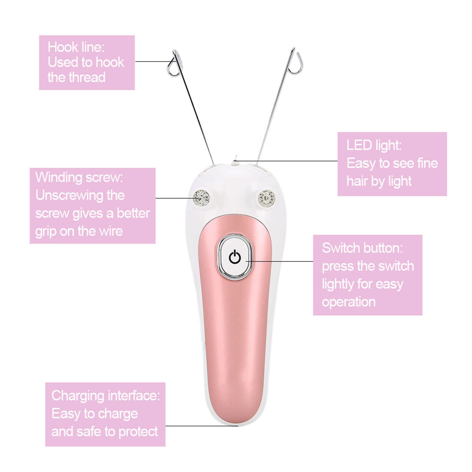 Electric Hair Remover & Epilator - USB Rechargeable Facial Threading Tool for Eyebrows, Face, Arms & Legs | Painless Hair Removal for Smooth Skin at Home | Perfect for Travel & Daily Grooming (Pink)