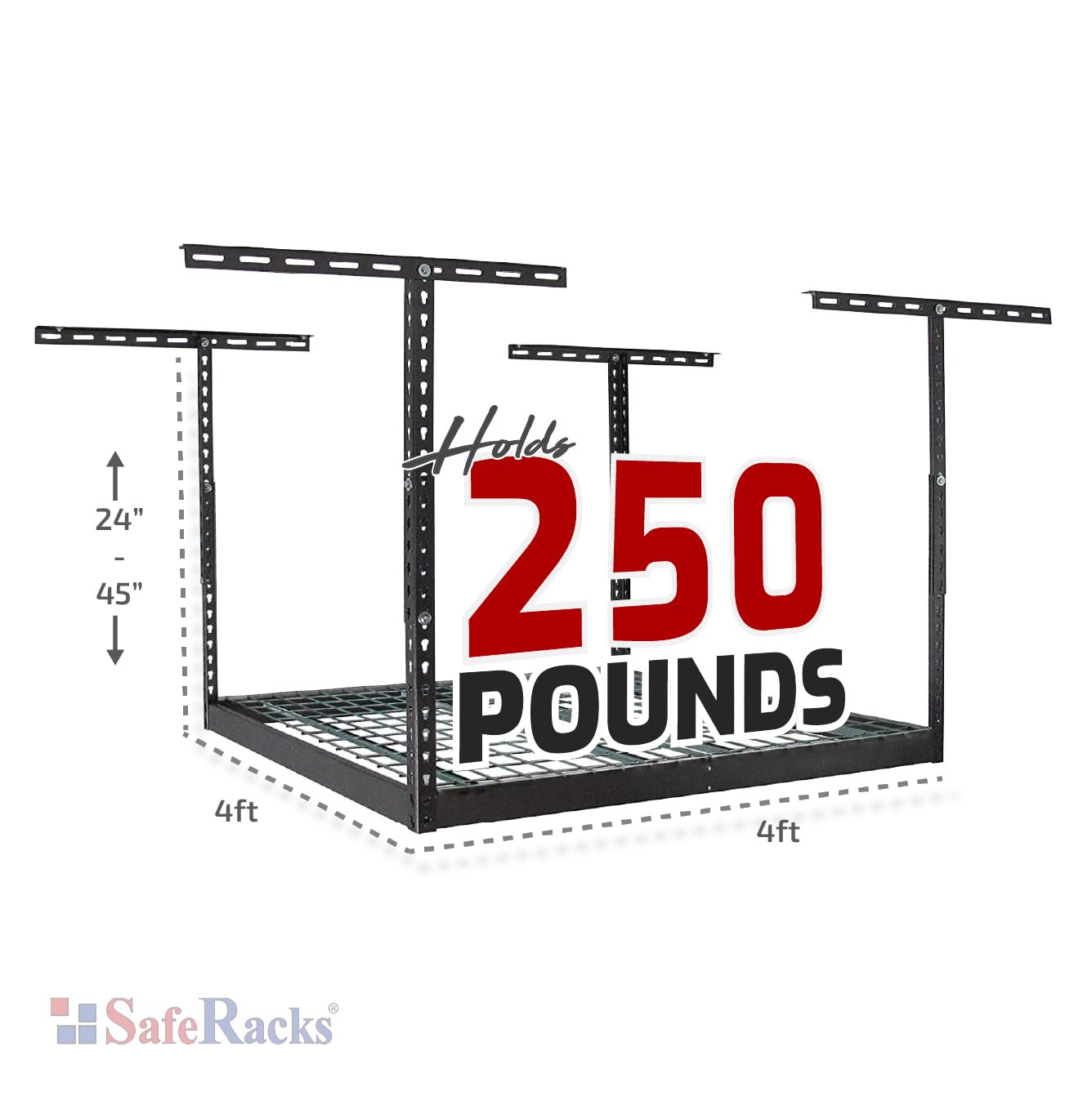 Heavy Duty SafeRacks 4x4 Overhead Garage Storage Rack - 250 lb Capacity, Adjustable Height 24