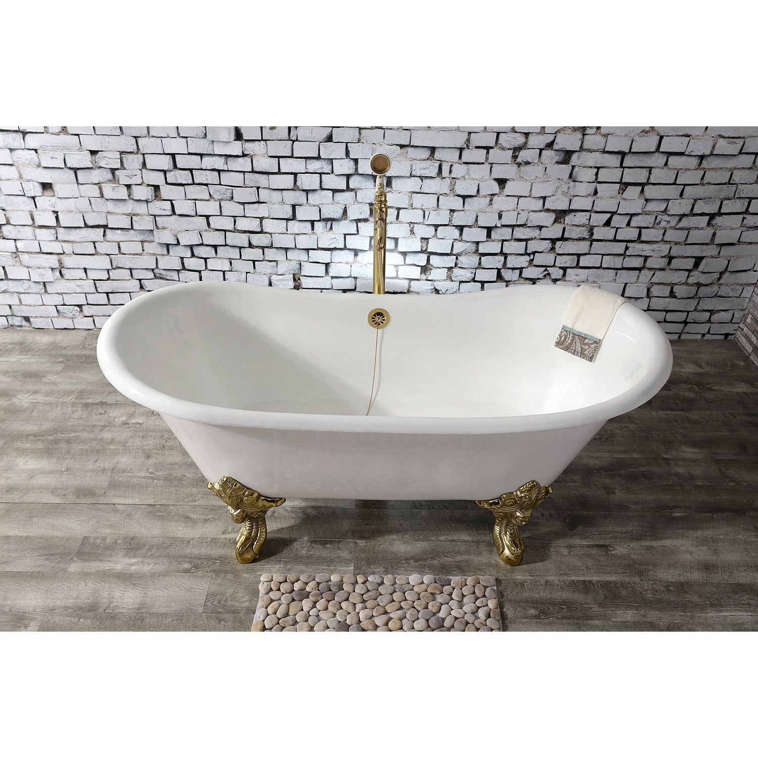 Aqua Eden 67 Inch White Cast Iron Oval Double Slipper Clawfoot Bathtub - No Faucet Drillings, Polished Brass Finish | Vintage Freestanding Soaking Tub for Luxury Bathroom & Spa Retreat