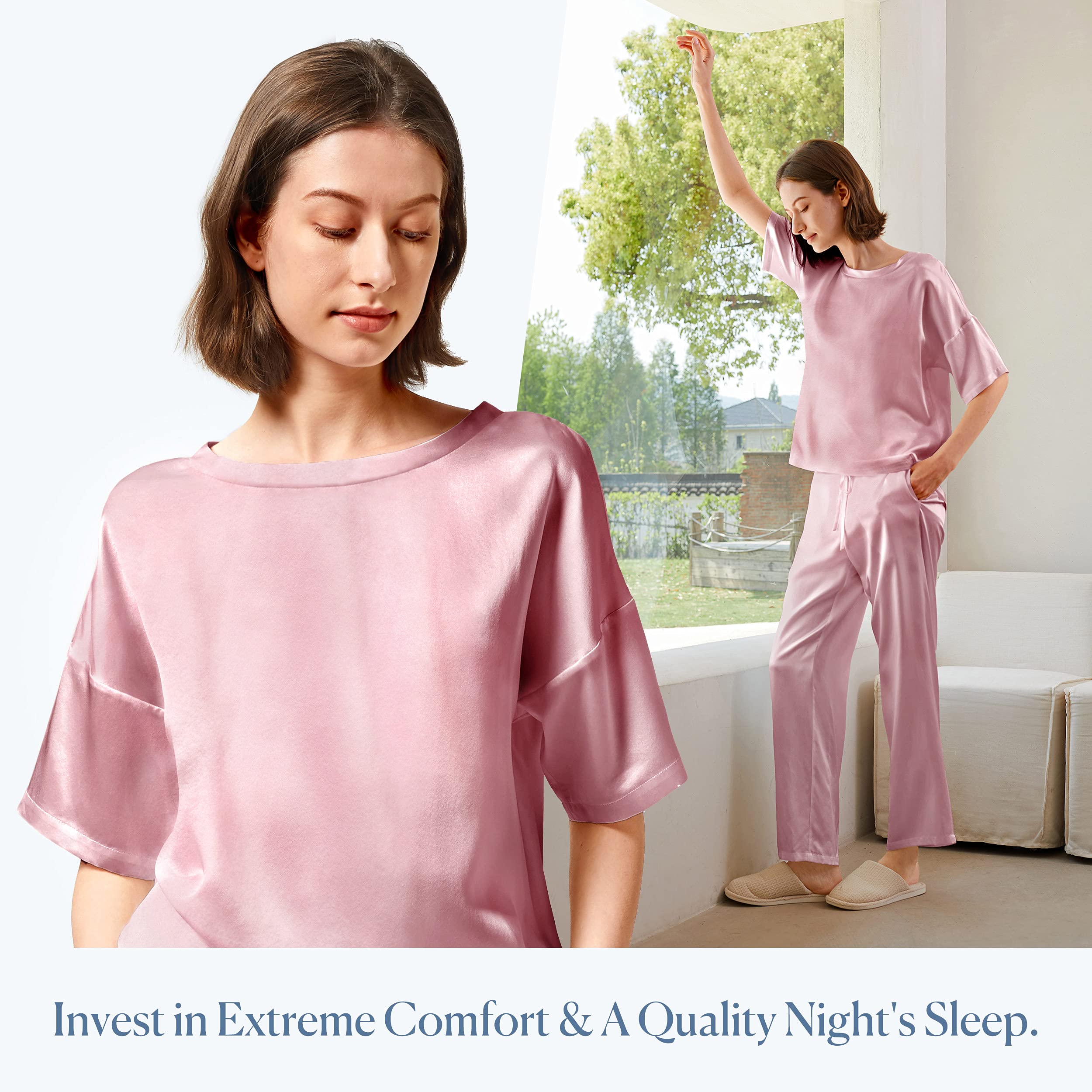 Mommesilk 100% Mulberry Silk Pajama Set for Women - Half Sleeve Summer Sleepwear, Washable & Breathable Silk Pjs - Perfect for Lounging, Travel & Comfortable Nighttime Sleep
