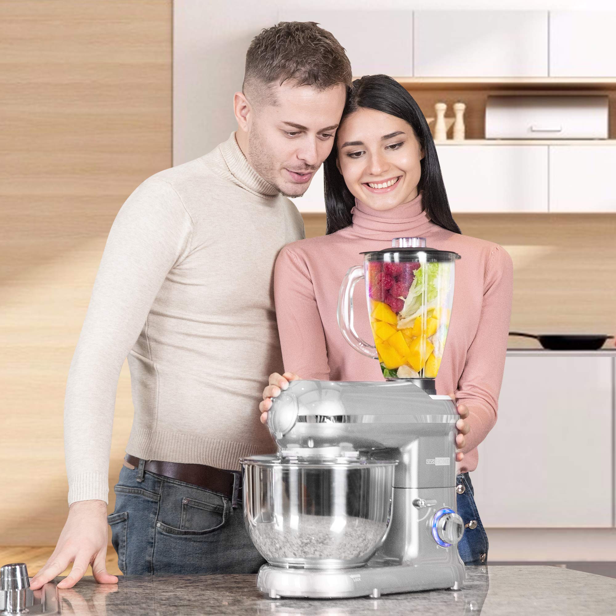 VIVOHOME 3-in-1 Multifunctional Stand Mixer with 6-Quart Stainless Steel Bowl, 650W 6-Speed Tilt-Head Meat Grinder & Juice Blender, Silver - Perfect for Baking, Grinding Meat & Making Smoothies at Home