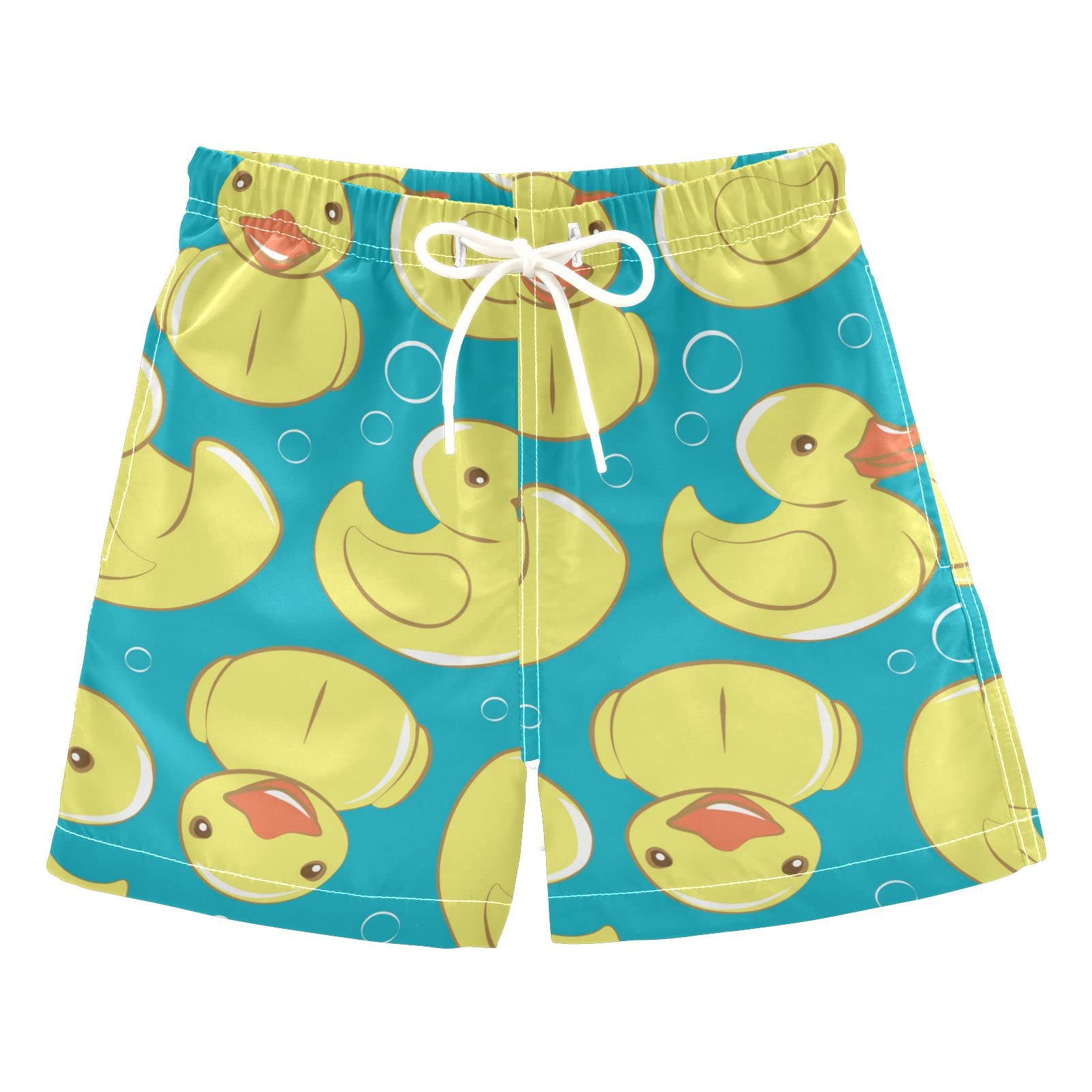 **Yellow Rubber Duck Printed Boys Swim Trunks - Quick Dry Toddler Swimwear with Adjustable Waist - 2T-16 Sizes for Beach, Pool & Water Play**