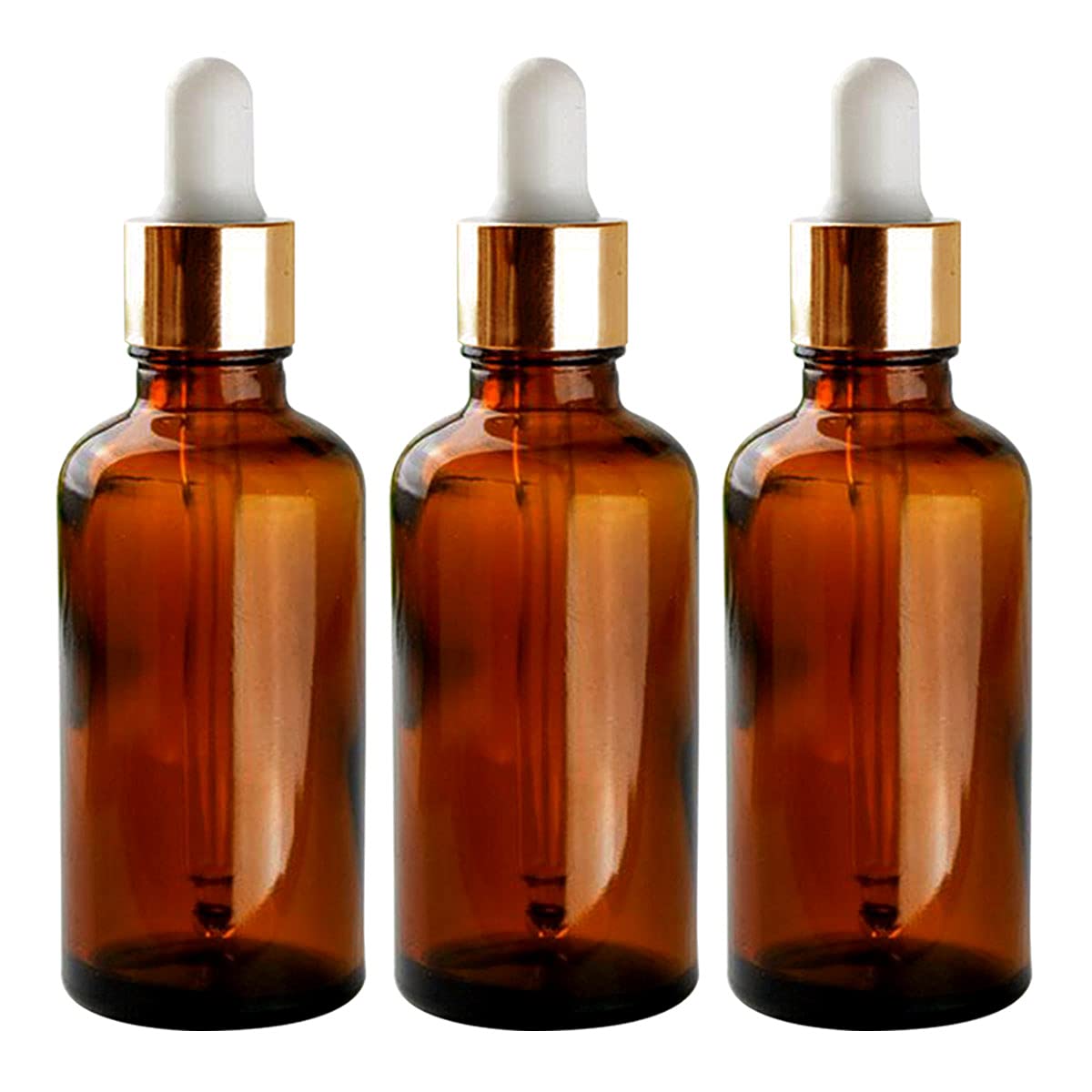 NSB Herbals 50ml Amber Round Empty Glass Bottle with Glass Dropper, Gold Ring & White Silicone Teat - Refillable, Reusable, Leak Proof for Essential Oils, DIY Perfumes, Face Serums & Blends (Pack of 3) - Perfect for Aromatherapy, Homemade Skincare & Travel Size Liquids