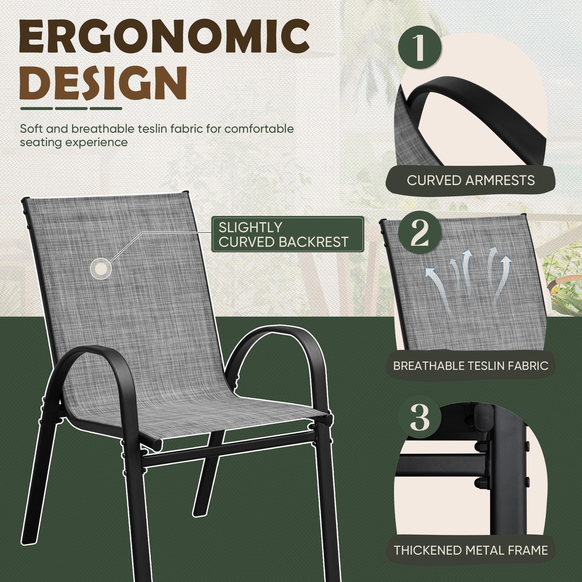 **Flamaker 4-Piece Stackable Patio Dining Chairs Set - Metal & Teslin Outdoor Chairs for Lawn, Deck, Balcony, Porch (Grey) - Perfect for Backyard BBQs, Poolside Relaxation & Garden Gatherings**