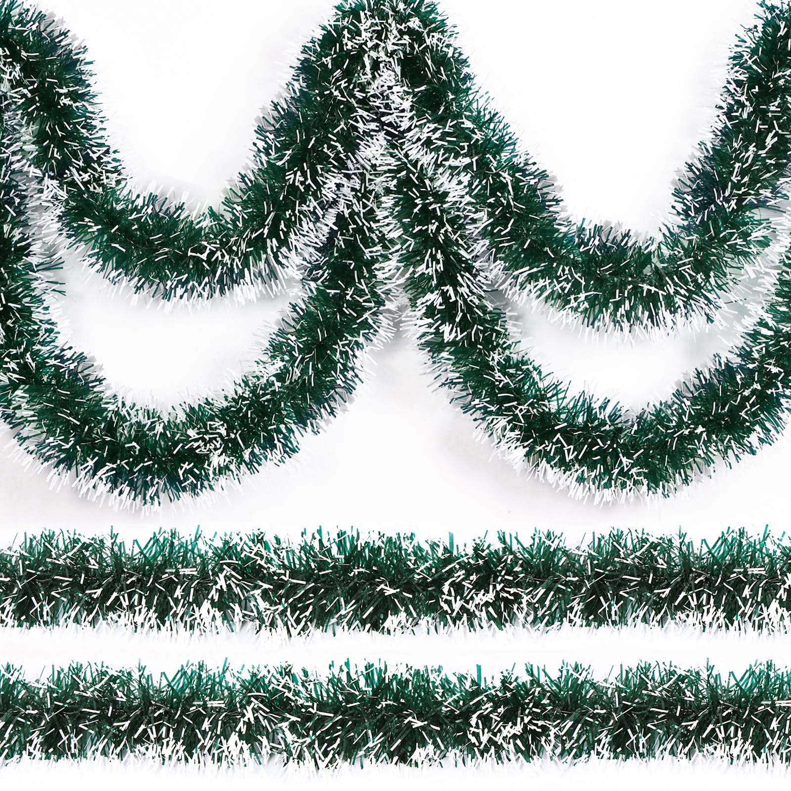 CEWOR 66ft Green & White Christmas Tinsel Garland - Tree Decor for Holidays, Weddings & Parties
