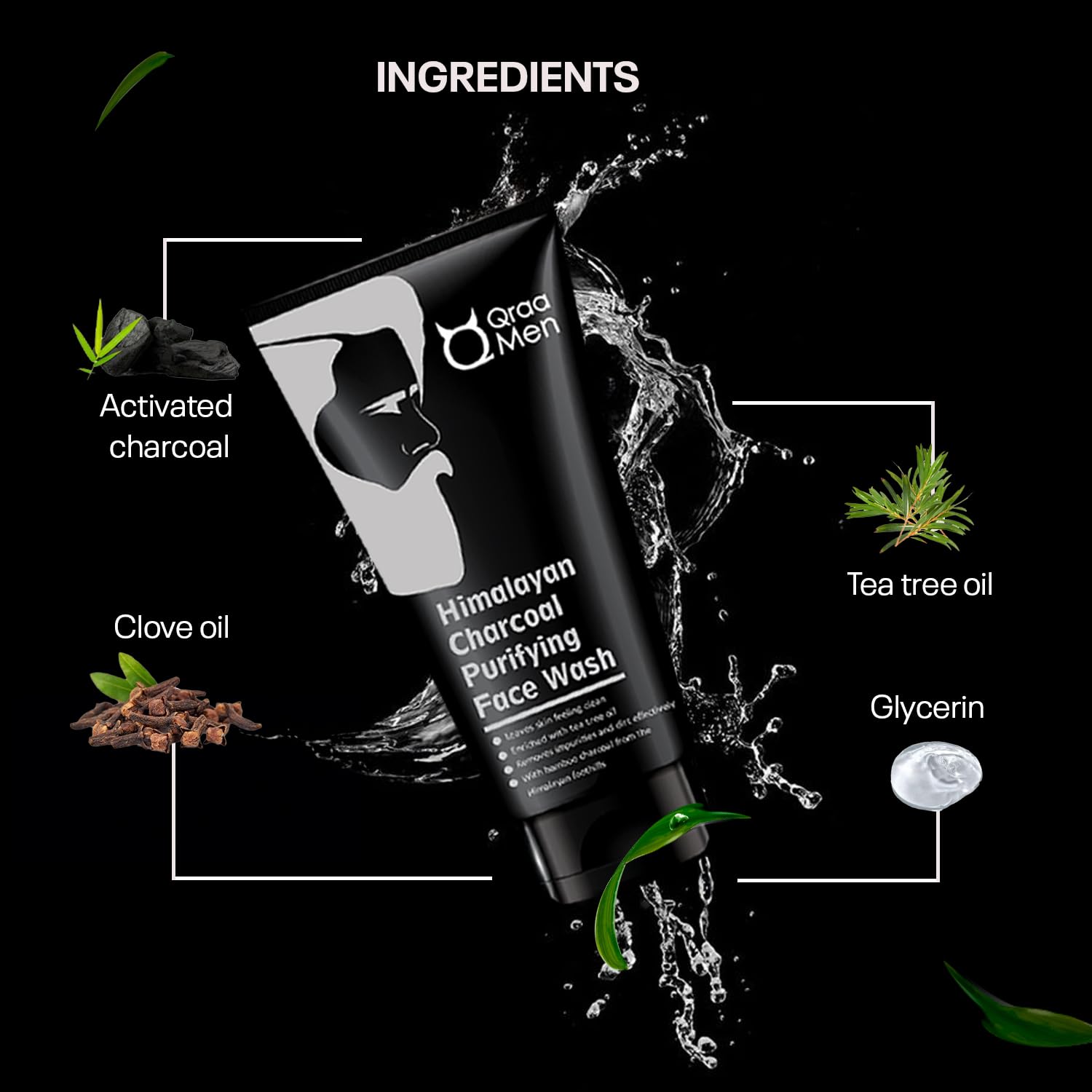Qraa Men's Himalayan Charcoal Purifying Face Wash - Deep Cleansing & Skin Brightening Formula for Men | 100g | Acne Treatment & Blackhead Removal for Oily & Combination Skin | Daily Skincare Routine