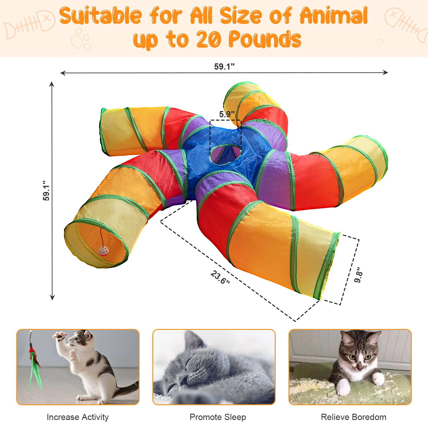 Depets 5-Way Large Cat Tunnel for Indoor Play - Interactive S-Shaped Foldable Pet Tube with Peephole & Play Ball - Perfect for Kittens, Puppies & Rabbits - Great for Exercise, Hide & Seek, and Indoor Enrichment Activities
