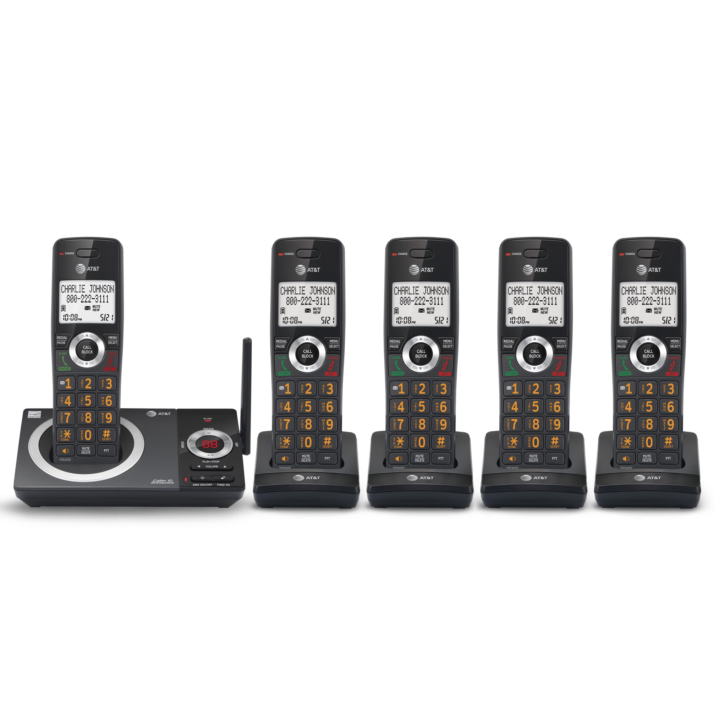 AT&T CL82519 DECT 6.0 5-Handset Cordless Phone System with Answering Machine, Call Blocking, Caller ID & Intercom - Long Range Coverage for Home & Office - Black | Ideal for Large Homes, Businesses & Home Offices with Multiple Rooms