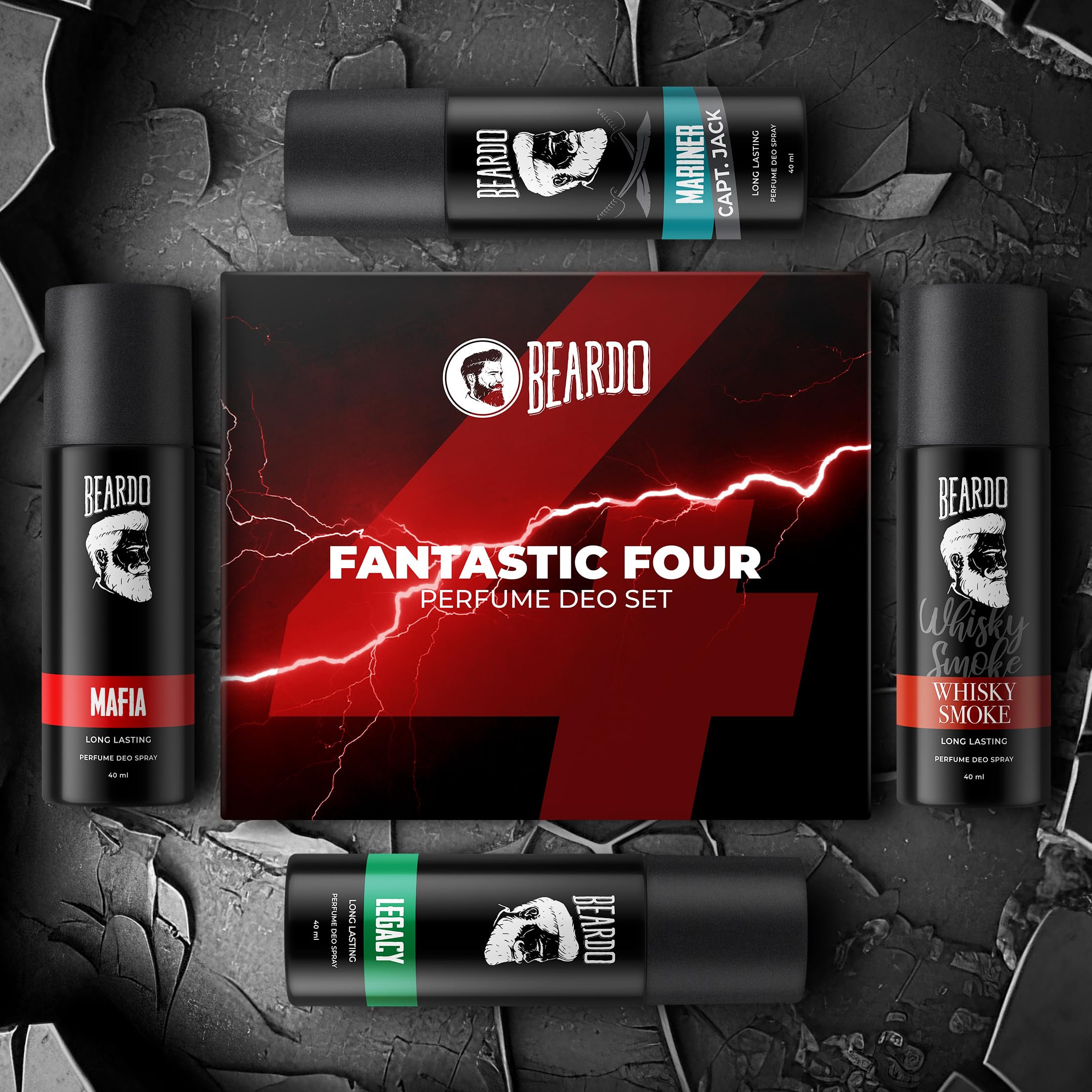 Beardo Fantastic 4 Perfume Body Spray Gift Set for Men - 4X40ml Long Lasting Fragrances (Legacy, Mafia, Mariner Capt Jack, Whisky Smoke) | Valentine's Day Gift for Husband, Boyfriend & Men | Perfect for Date Night, Office & Special Occasions