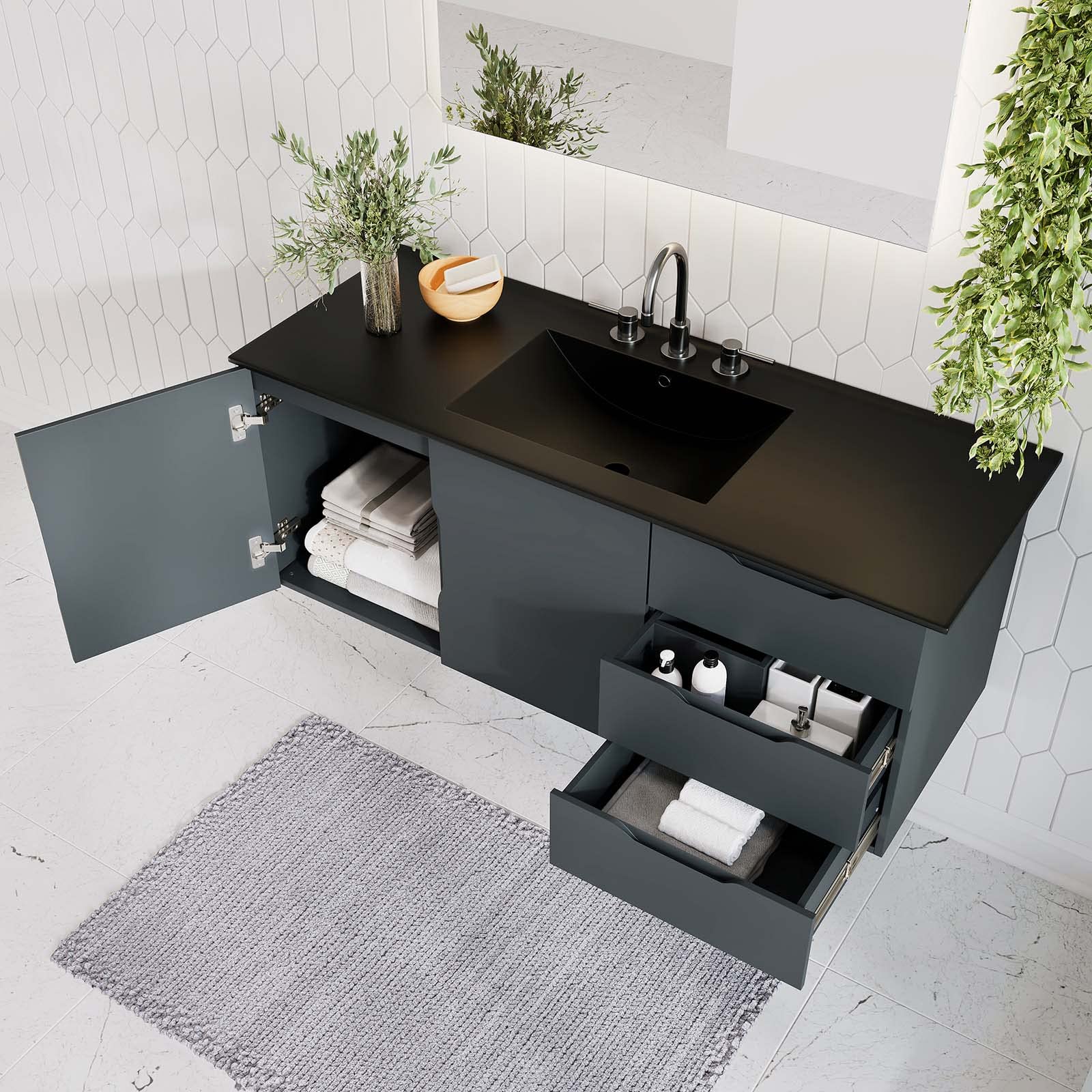 Modway Vitality 48 Inch Single Sink Bathroom Vanity in Gray Black - Modern Bathroom Storage Solution for Small Spaces & Powder Rooms