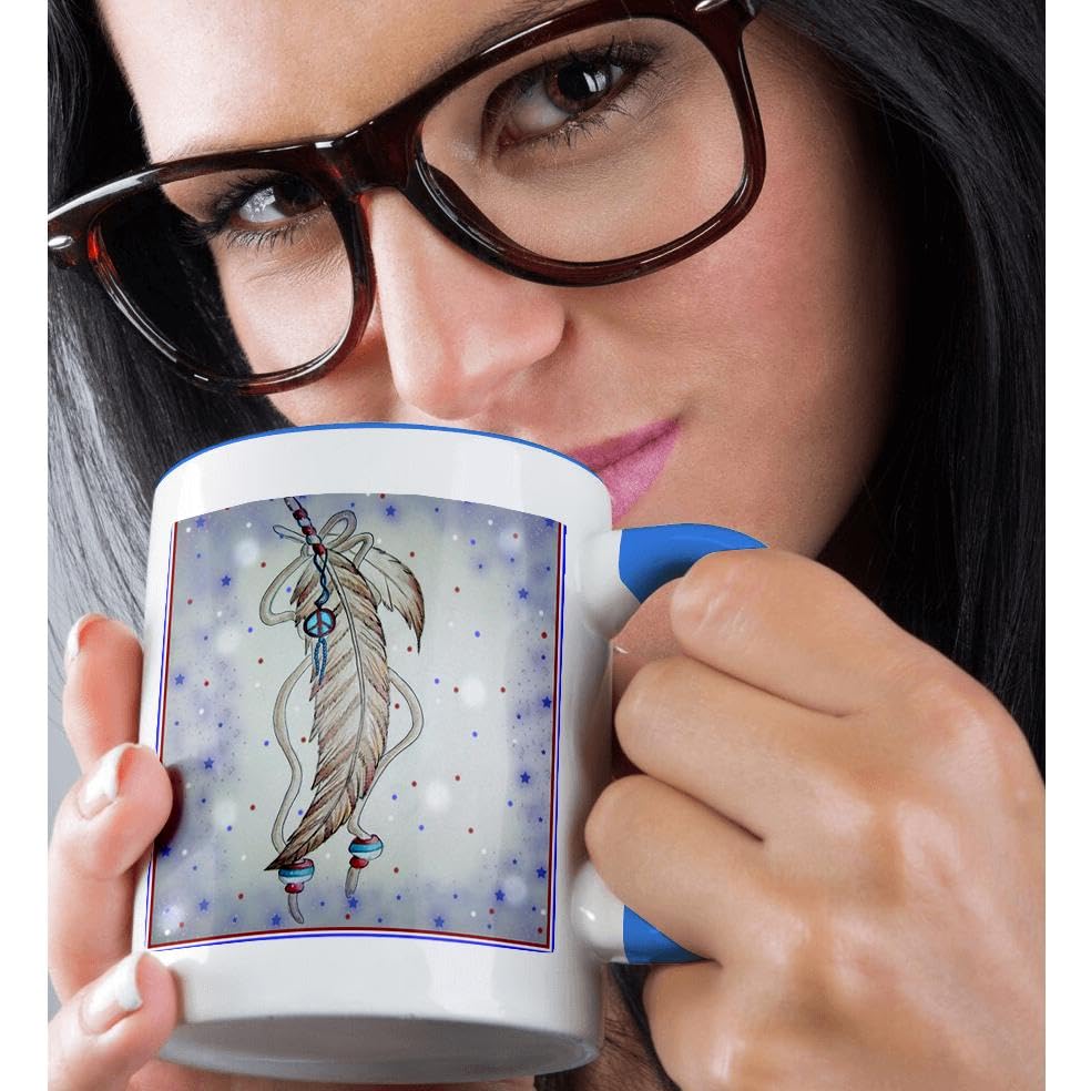 3D Rose Blue and White Ceramic Mug with Beaded Hawk Feather Design - Perfect for Coffee, Tea, or Office Desk Decor
