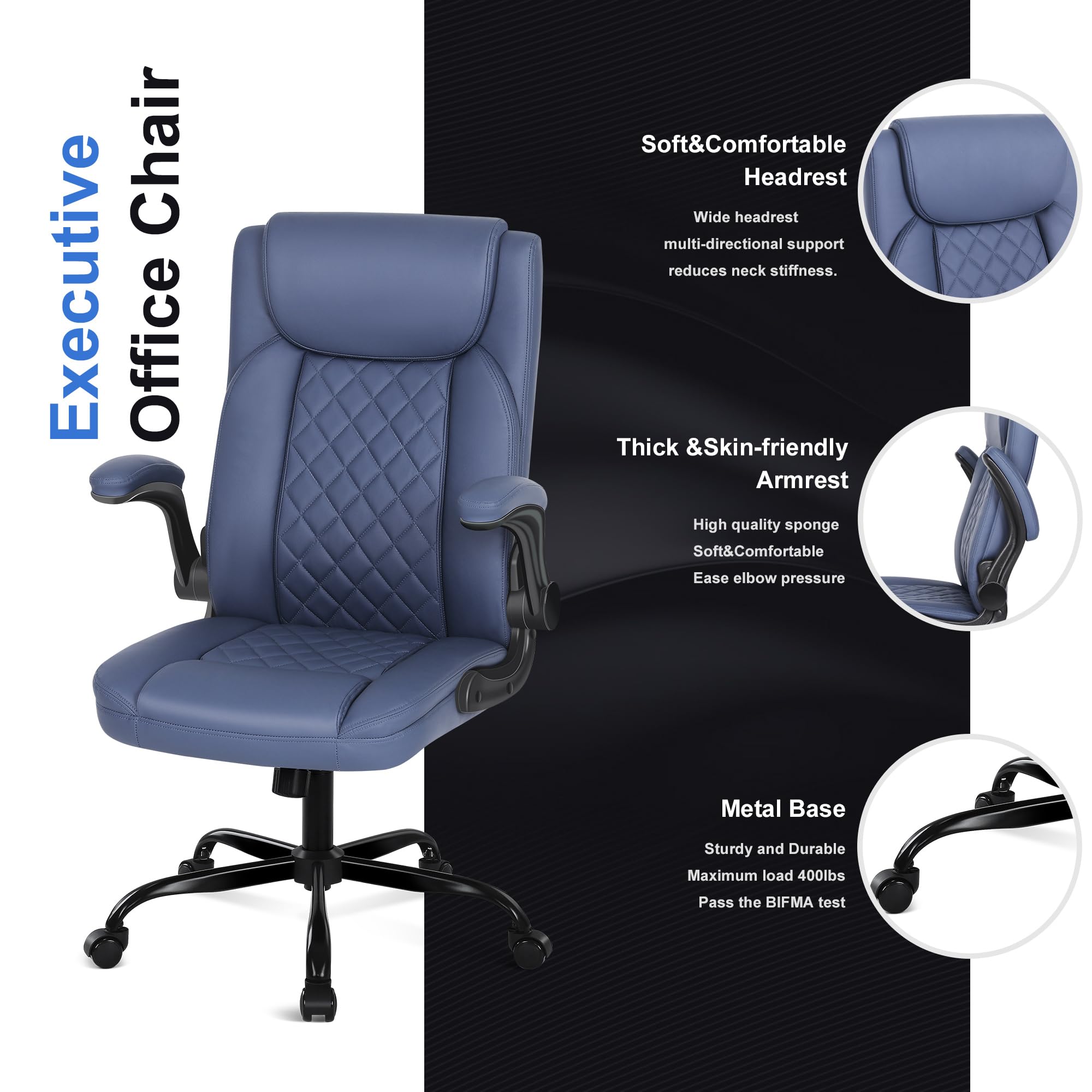 Premium Executive Office Chair - Big & Tall PU Leather Desk Chair with Flip-Up Armrests & Adjustable Height - Ergonomic High Back Computer Chair for Home Office, Gaming & Workspace Comfort