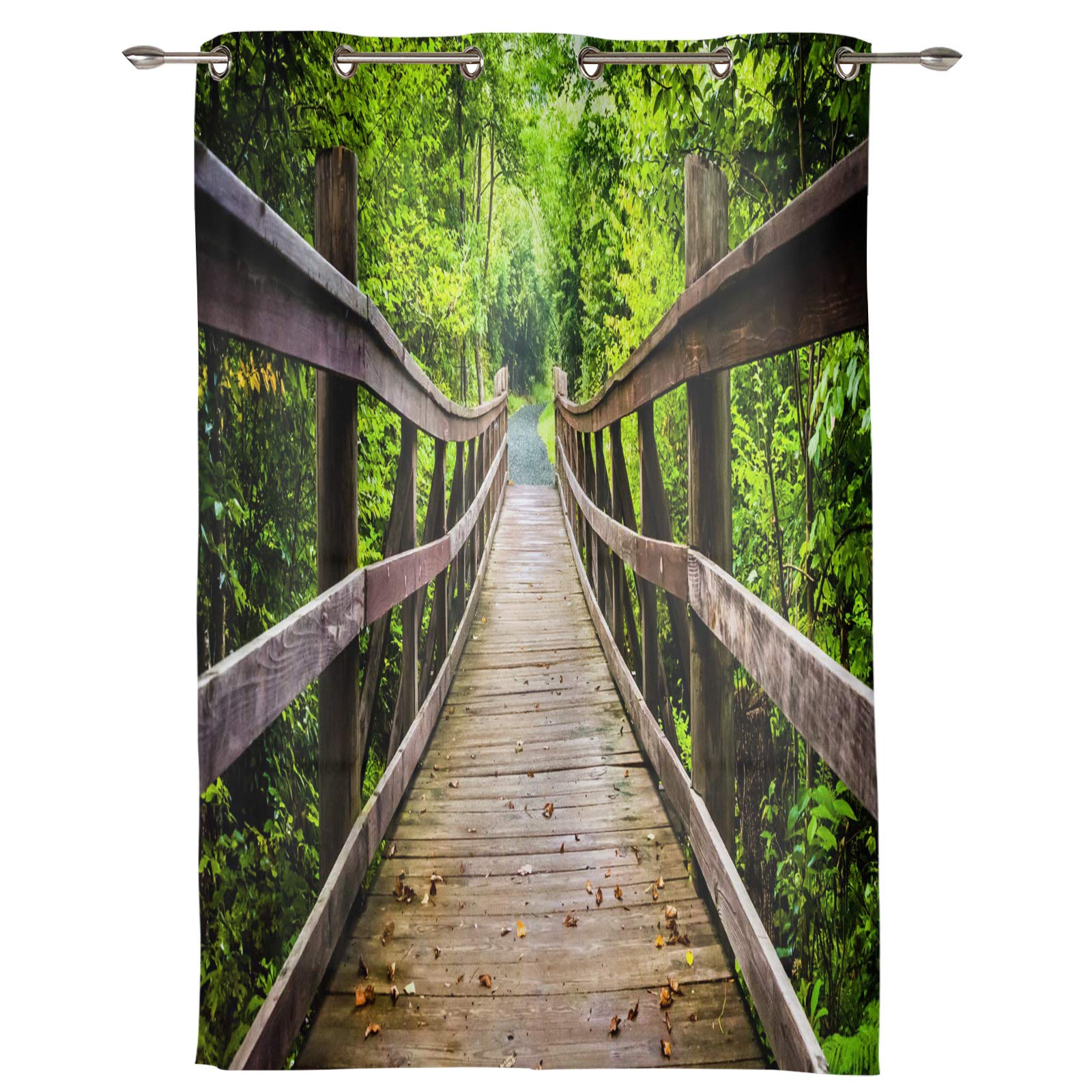 Forest Retro Wooden Bridge Green Nature Scenery Semi-Sheer Window Curtain - 52x36 Inch Kitchen & Cafe Drapes with Grommets - Perfect for Bedroom, Living Room & Cozy Home Decor
