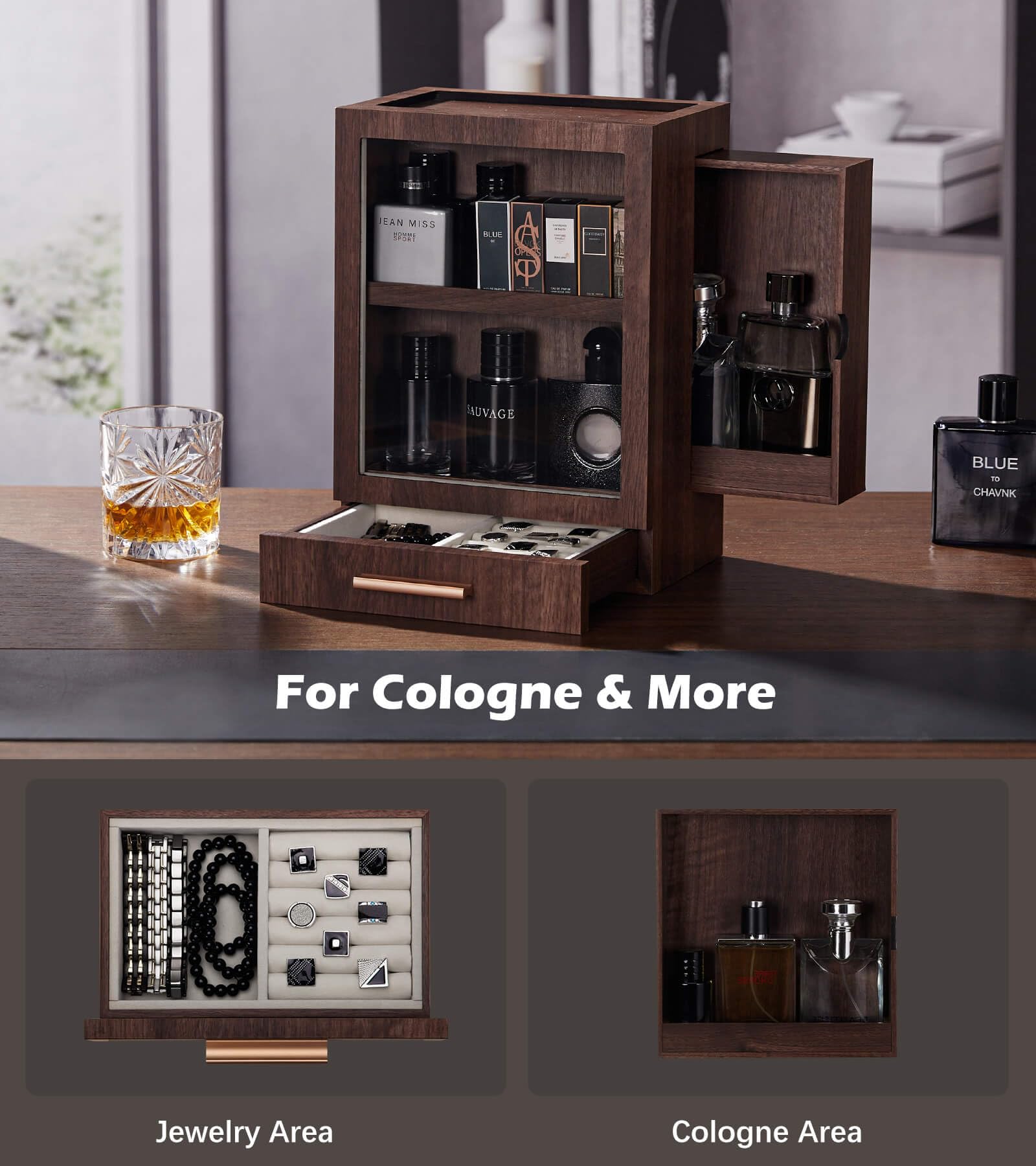 Premium Wooden Cologne Storage Organizer with 3 Drawers - Luxury Men's Fragrance Display Case for Home & Bathroom - Perfect for Vanity, Dresser, and Gift Giving