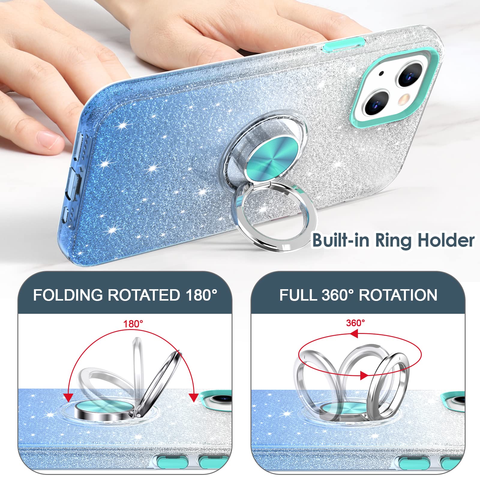 Hython Magnetic Phone Case for iPhone 13 with 360° Rotatable Ring Stand & Kickstand - Glitter Bling Sparkle Hybrid Slim Protective Cover for Women (Blue) | Perfect for Car Mounting, Hands-Free Viewing & Everyday Protection