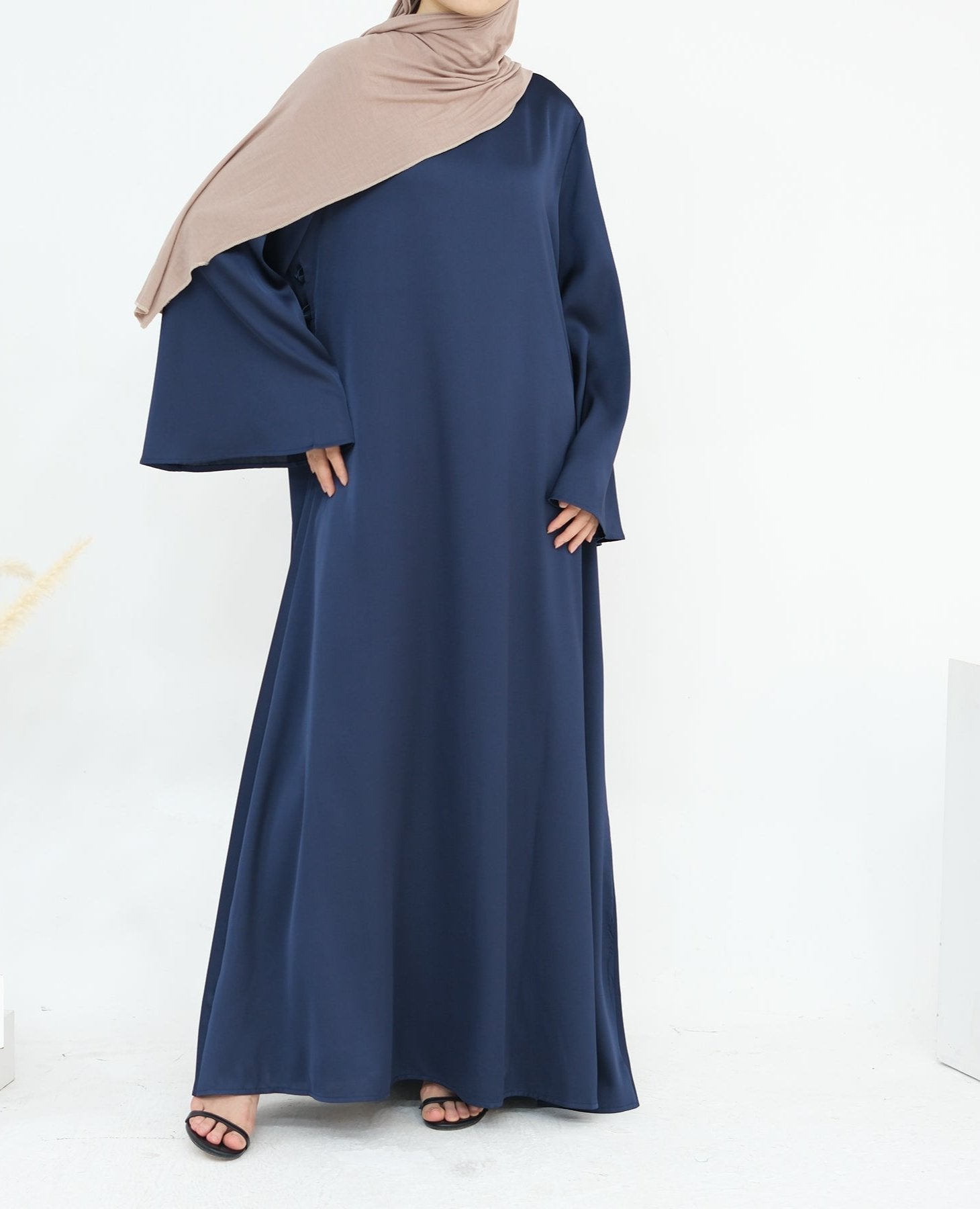 Elegant Calista Trumpet Sleeves Satin Dress in Denim Blue - Perfect for Weddings, Parties & Special Occasions