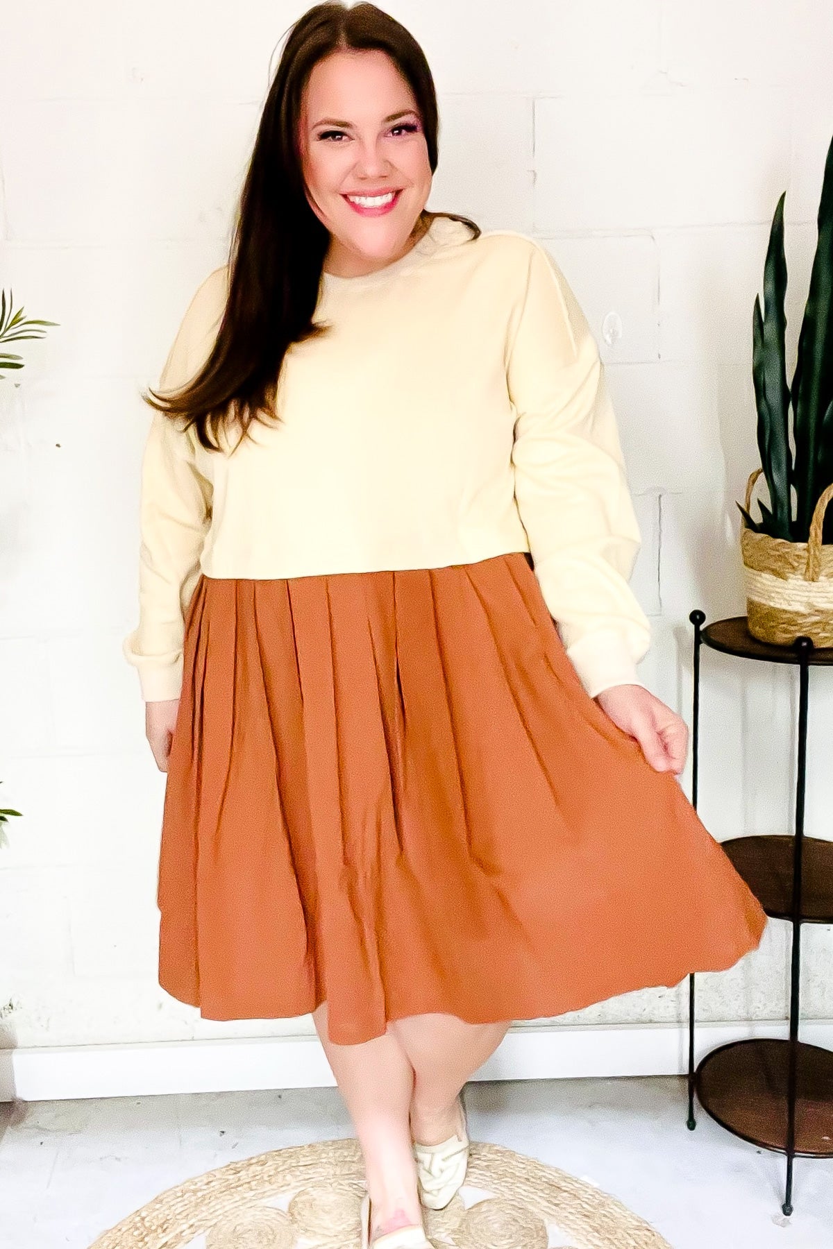 Stylish Bedazzled Cream & Rust Pleated Skirt - French Terry Cotton Dress for Women | Casual & Party Wear | Perfect for Date Nights, Office Outfits & Special Occasions