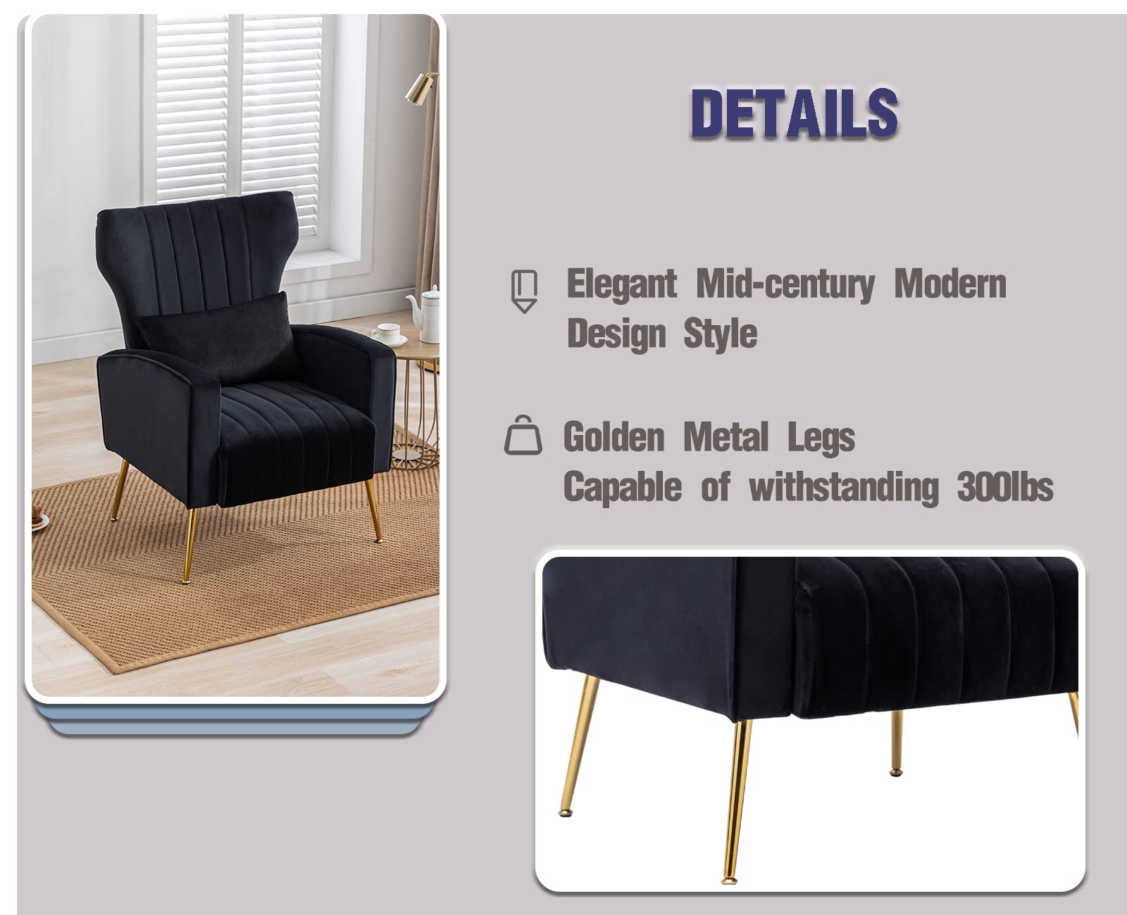 Kmax Velvet Accent Chair - Mid-Century Modern Armchair with Gold Metal Legs & Wingback Design, Includes Soft Pillow (Set of 2, Black) - Perfect for Bedroom Seating, Living Room Decor, Vanity Area & Cozy Reading Nook