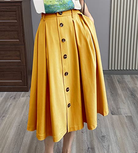 Stylish Pleated A-Line Midi Skirt with Elastic Waist & Button Front - Women's Casual Flared Long Skirt with Pockets | Perfect for Office Wear, Date Nights & Spring Outfits