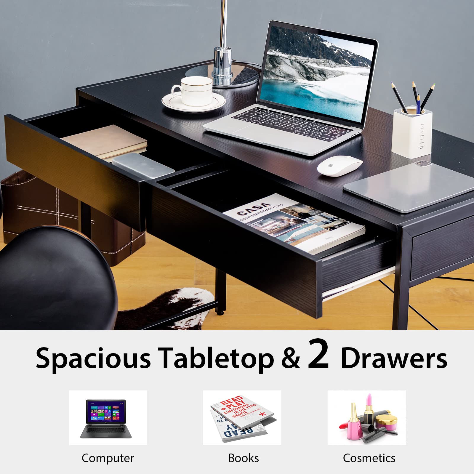Tangkula 44-Inch Computer Desk with 2 Drawers - Sturdy Wooden Writing Desk with Steel Frame, Home Office Workstation for Laptop & PC - Perfect for Small Spaces, Bedroom, Study Room & Home Office (Black)