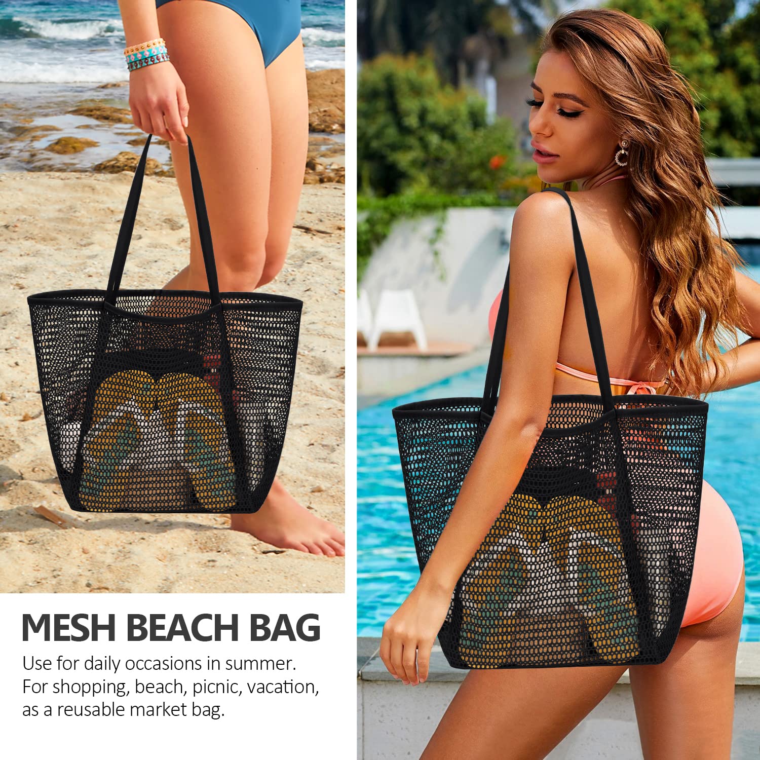 Upgraded Mesh Beach Tote Bag for Women - Large Waterproof Hobo Style Beach Bag with Drawstring - Perfect for Pool, Vacation, Travel & Summer Accessories