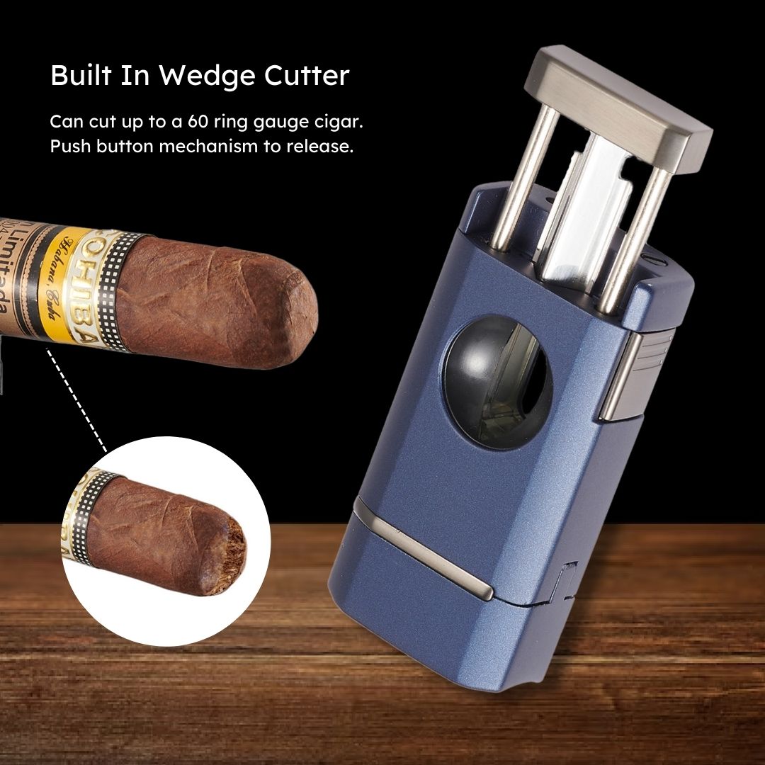 Visol Diablo Triple Torch Flame Lighter with Spring V Cutter - Navy Blue | Windproof Butane Lighter for Cigars, BBQ, Camping & Outdoor Use