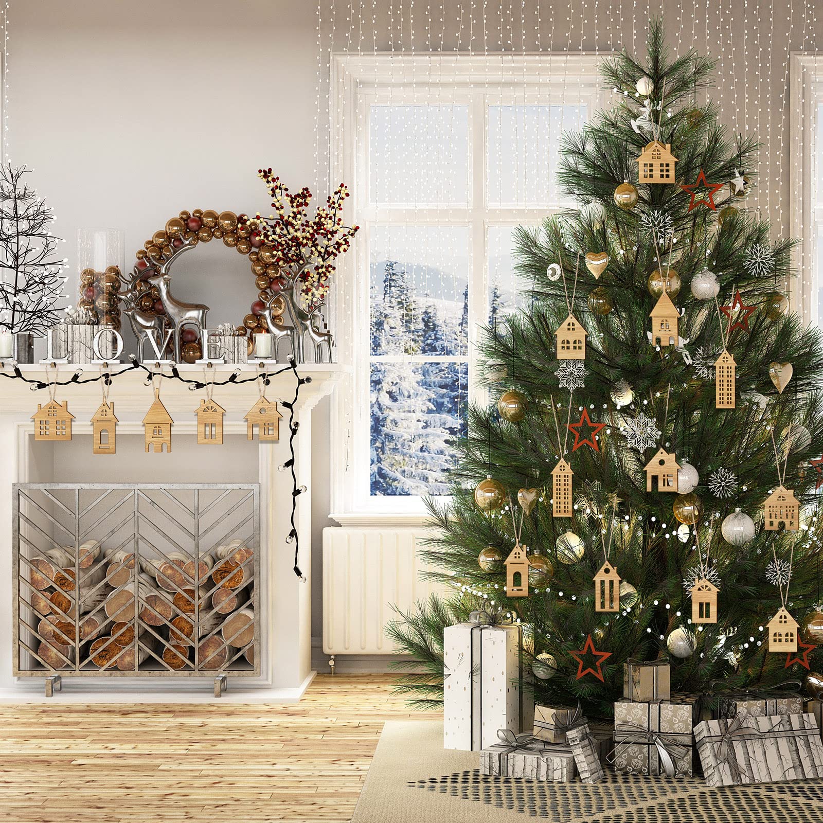 18 Pcs Wooden Christmas Tree Ornaments - Double Sided Hanging Wood House Cutouts with Ropes - Small Rustic Holiday Decor for Xmas Tree, Gift Wrapping & Home Decoration