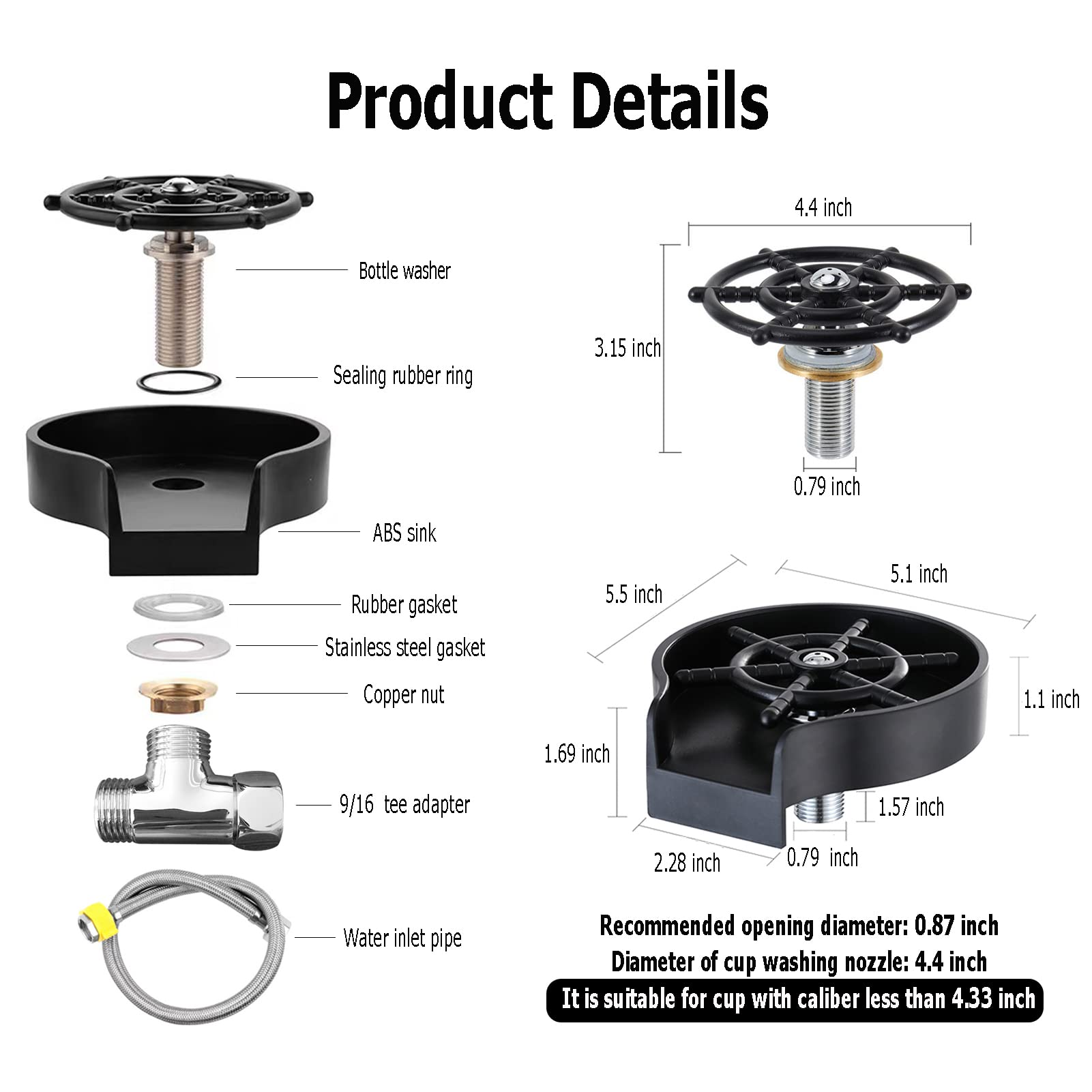 High Pressure Automatic Bottle Washer Glass Rinser Cleaner for Kitchen Sink - Quick Cleaning for Bottles, Decanters & Bar Tools - Perfect for Home Kitchen, Bar, Coffee Shop & Restaurant Use