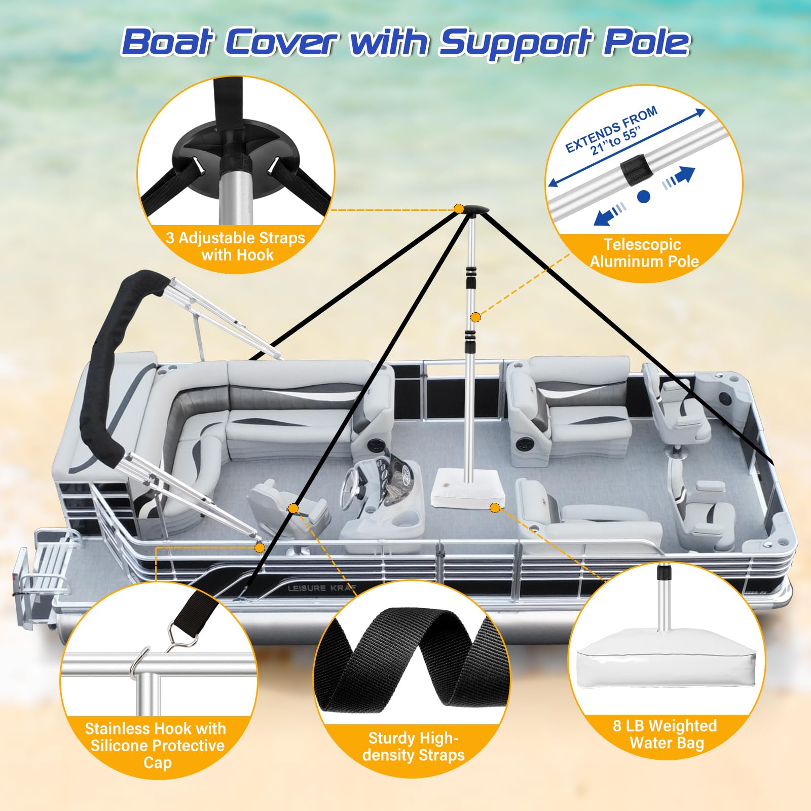 Heavy Duty 1200D Waterproof Pontoon Boat Cover with Poles & Motor Cover - Grey, Fits 17-20ft Boats - Ideal for Outdoor Storage & Marine Protection