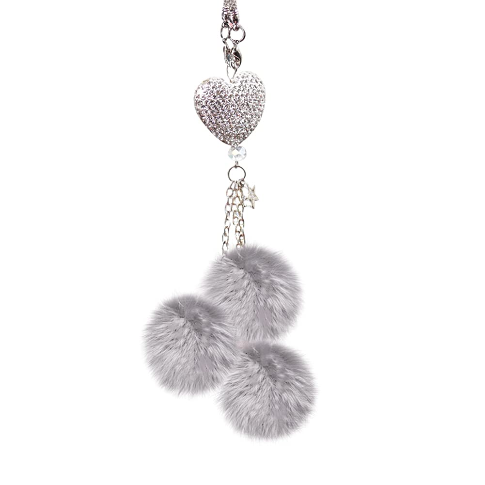 ikasus Bling Car Accessories for Women - Rhinestone Diamond Love Heart Plush Ball Hanging Ornament, Rear View Mirror Charm for Car Decor | Perfect Gift for Valentine's Day, Birthday & Car Enthusiasts