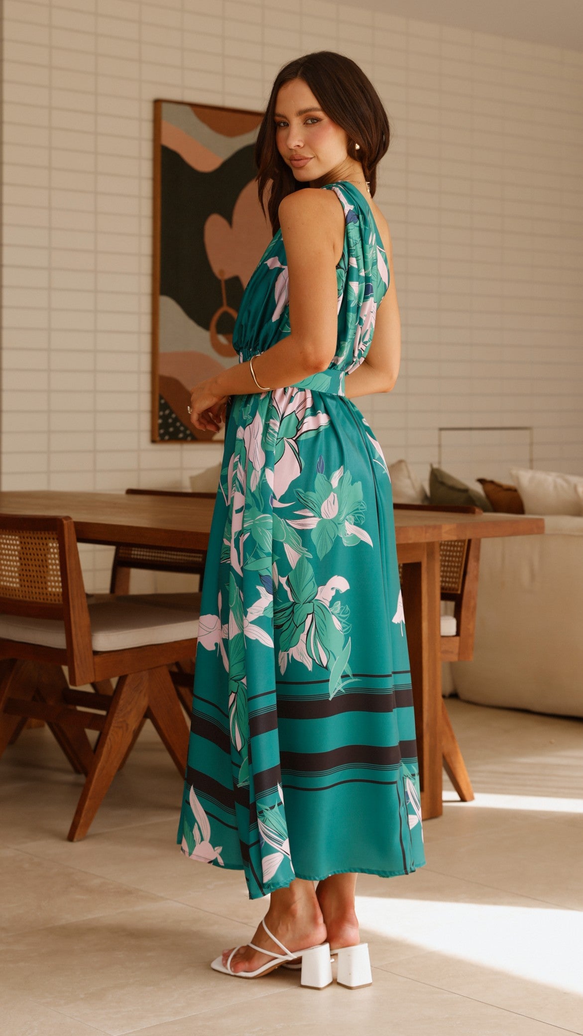 Hadas Maxi Dress - Green Floral Print Long Summer Dress for Women, Perfect for Beach Vacation, Party & Casual Wear