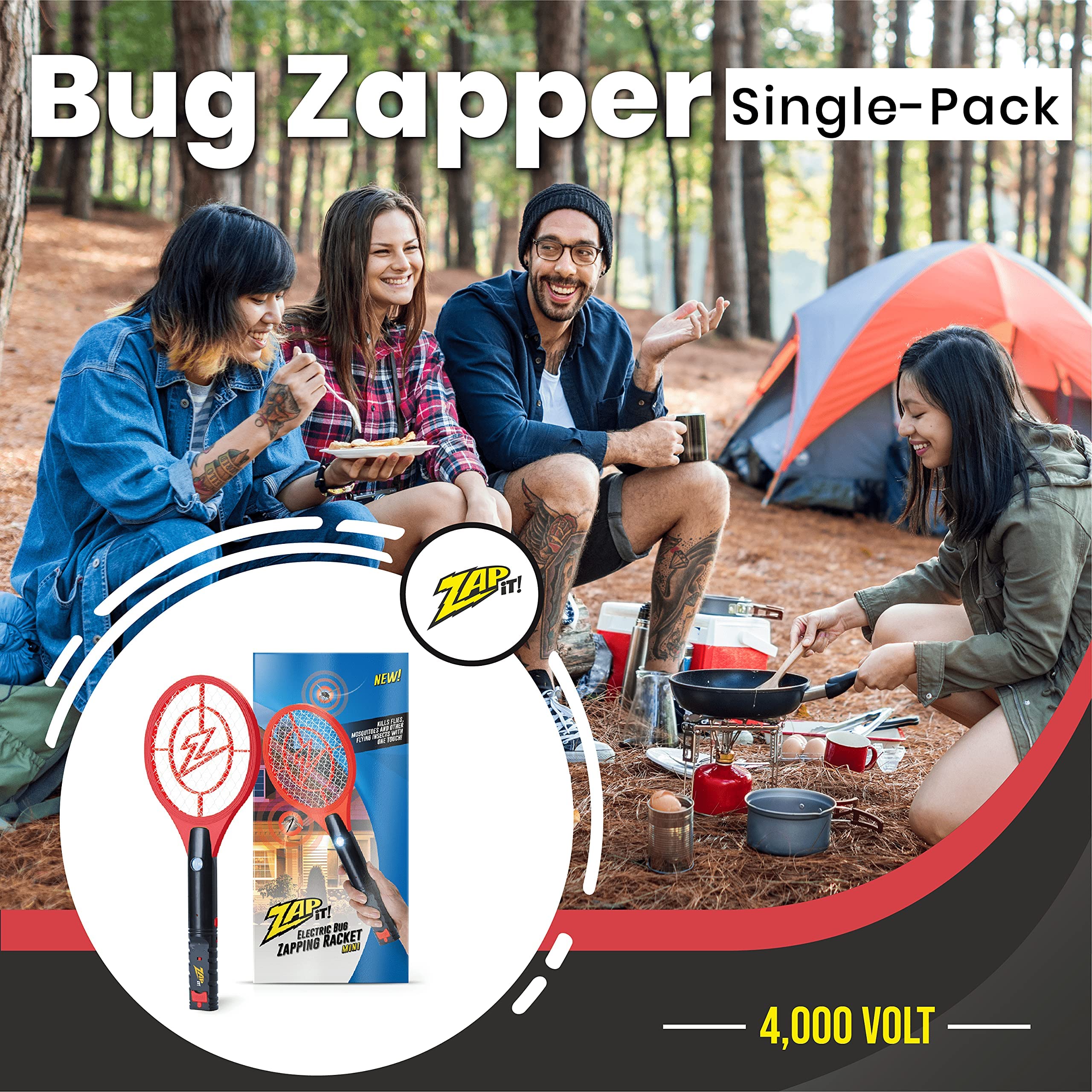 ZAP IT! Rechargeable Electric Bug Zapper Racket - 4000V USB Fly Swatter for Mosquitoes & Insects | Indoor/Outdoor Pest Control for Home, Camping & Backyard (Red)