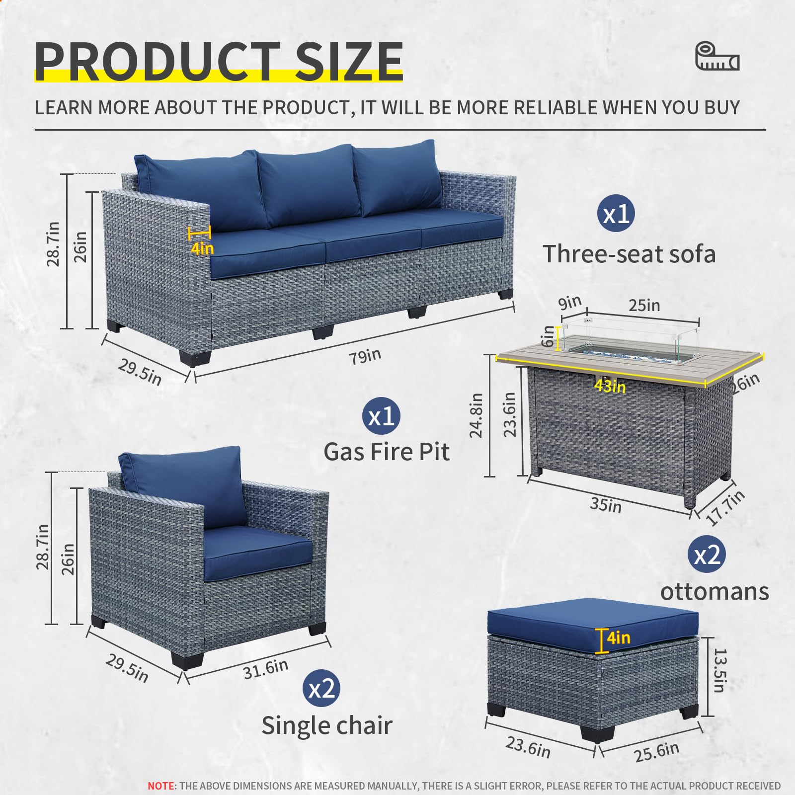 6-Piece Wicker Patio Furniture Set, Outdoor PE Rattan Sectional Sofa with 45