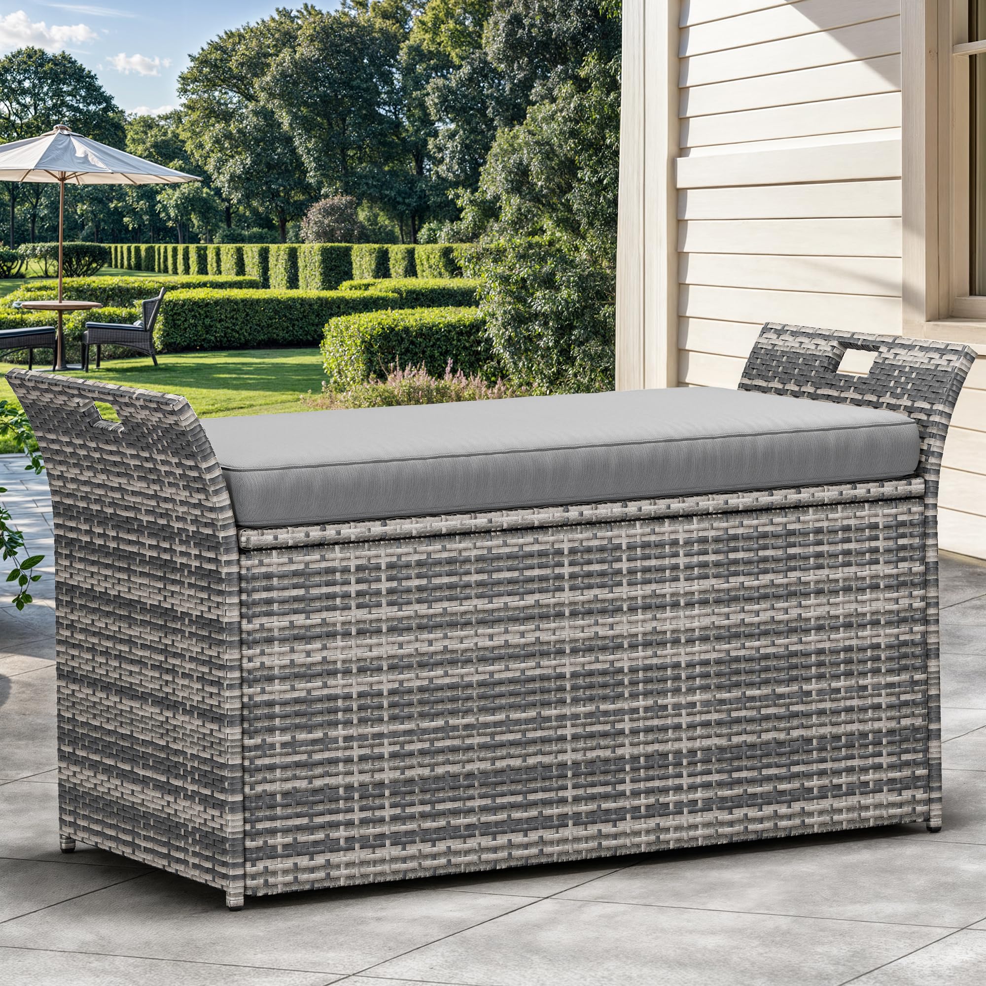 YITAHOME 90 Gallon Outdoor Wicker Storage Bench with Cushion - Large PE Rattan Deck Box with Handles & Hydraulic Lid - Perfect for Patio Furniture Storage, Garden Tools, Pool Accessories & Sports Equipment (Gray) - Ideal for Backyard, Deck, Poolside & Outdoor Organization