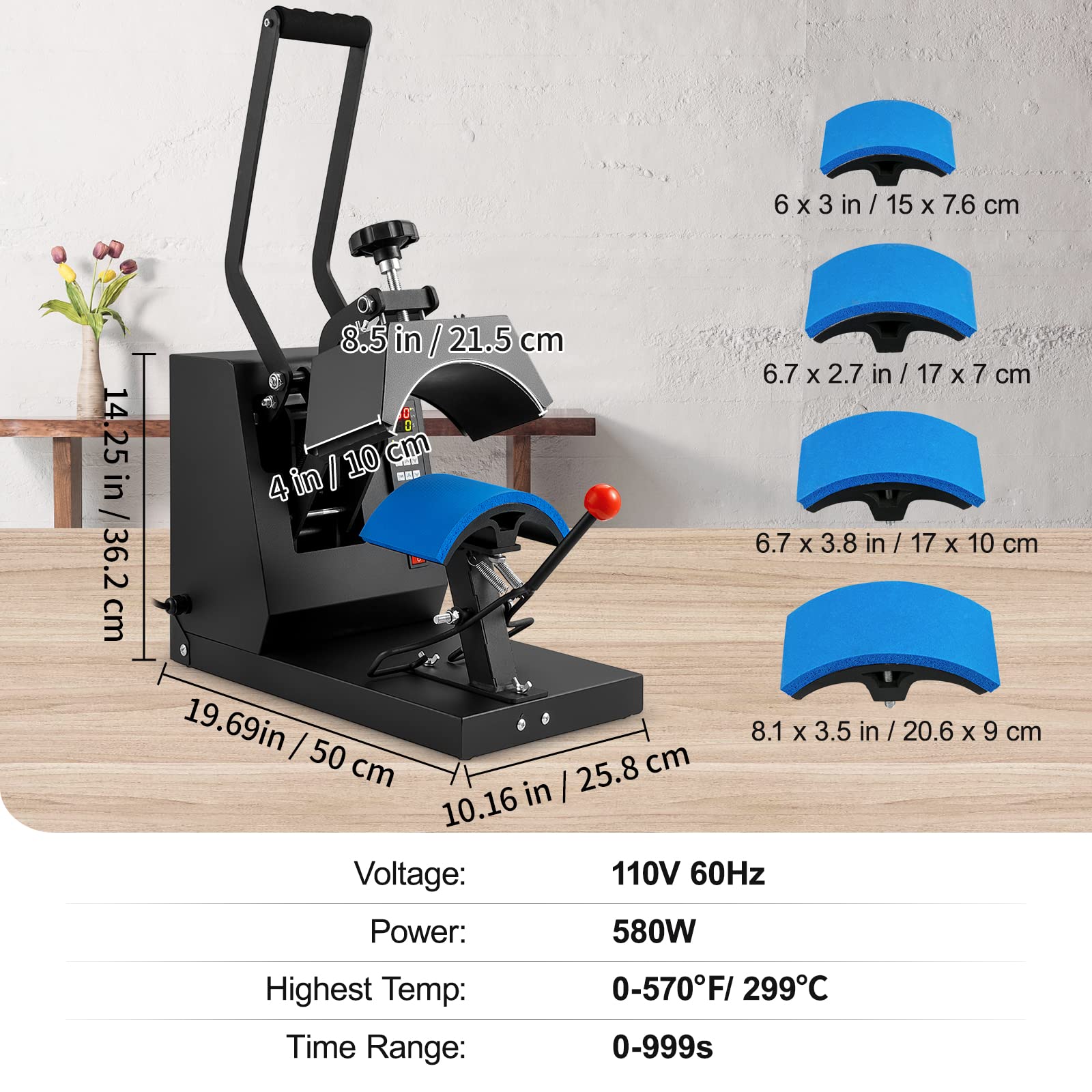 VEVOR 4-in-1 Hat Heat Press Machine with LCD Digital Control - 6x3inches Heating Platen for Sublimation Transfer on Hats & Caps - Includes 4 Replaceable Heating Pads (6x3/6.7x2.7/6.7x3.8/8.1x3.5) - Perfect for Custom Hat Printing, DIY Crafts & Small Business Apparel Decoration