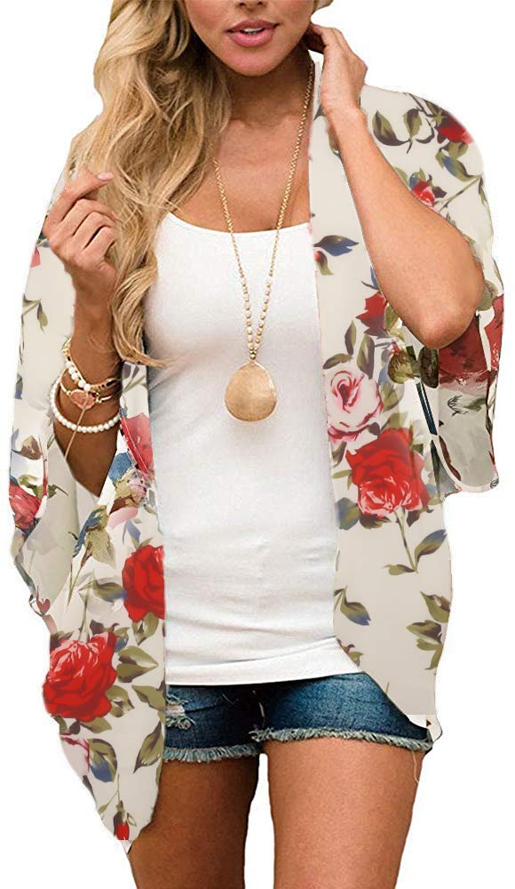 Women's Summer Floral Kimono Cardigan - Lightweight Beach Cover Up, Casual Loose Blouse Top for Vacation, Poolside, Music Festivals & Boho Outfits